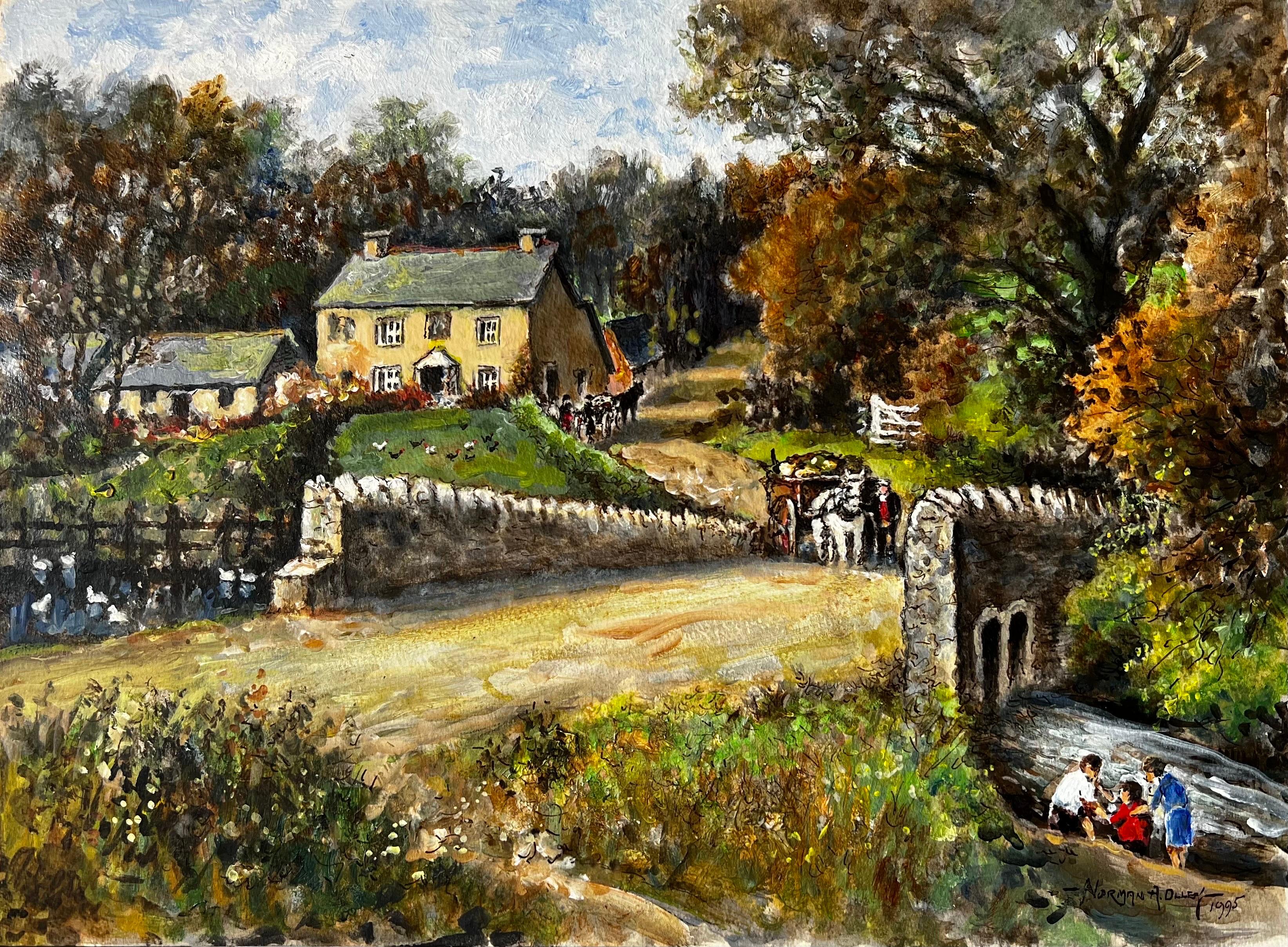 Horse & Cart Travelling Up The Cobbled Bridge In Tresmeer Cornwall - Painting by Norman A Olley