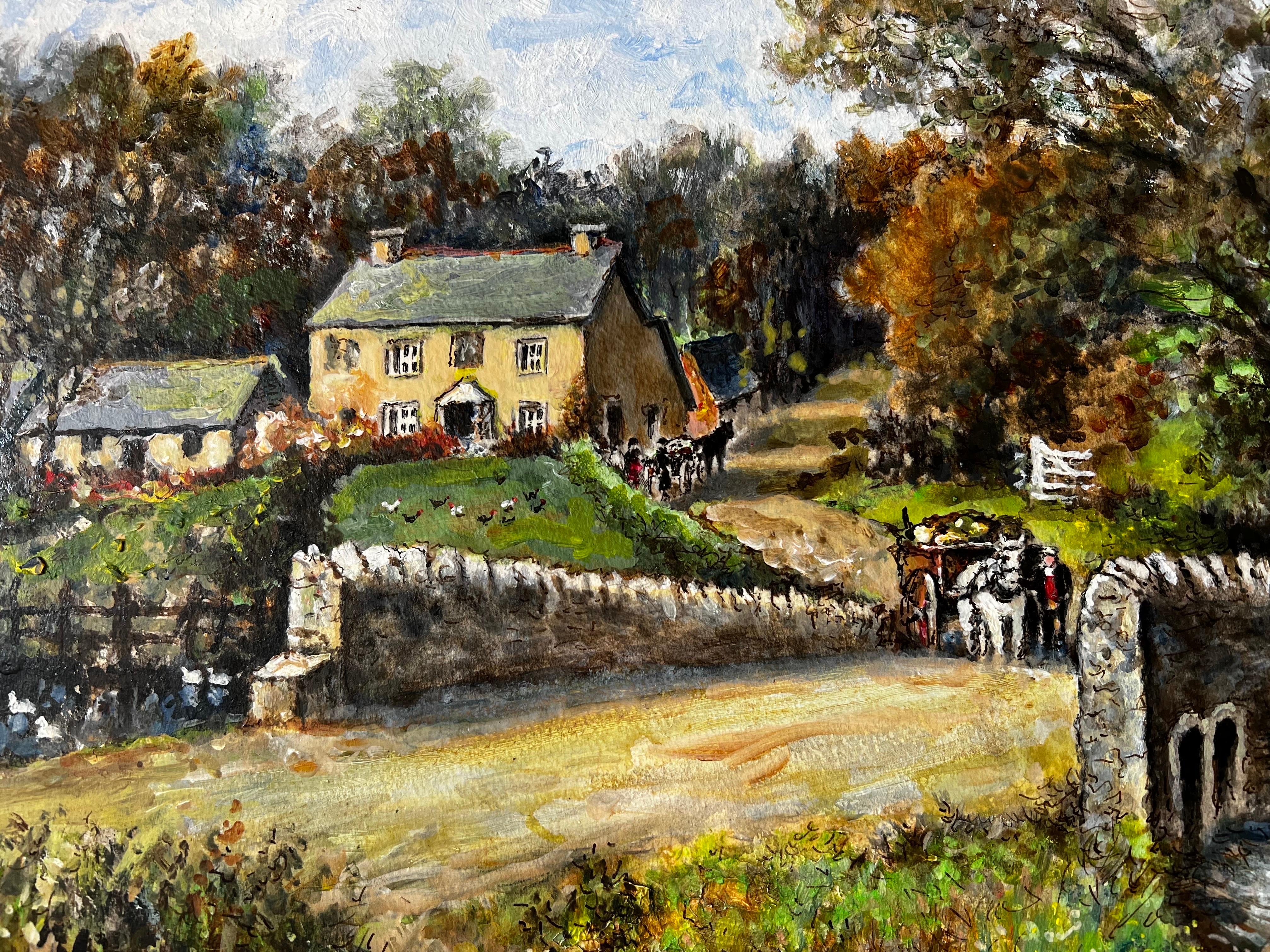 Horse & Cart Travelling Up The Cobbled Bridge in Tresmeer Cornwall (voyage à cheval et à chariot) - Victorien Painting par Norman A Olley