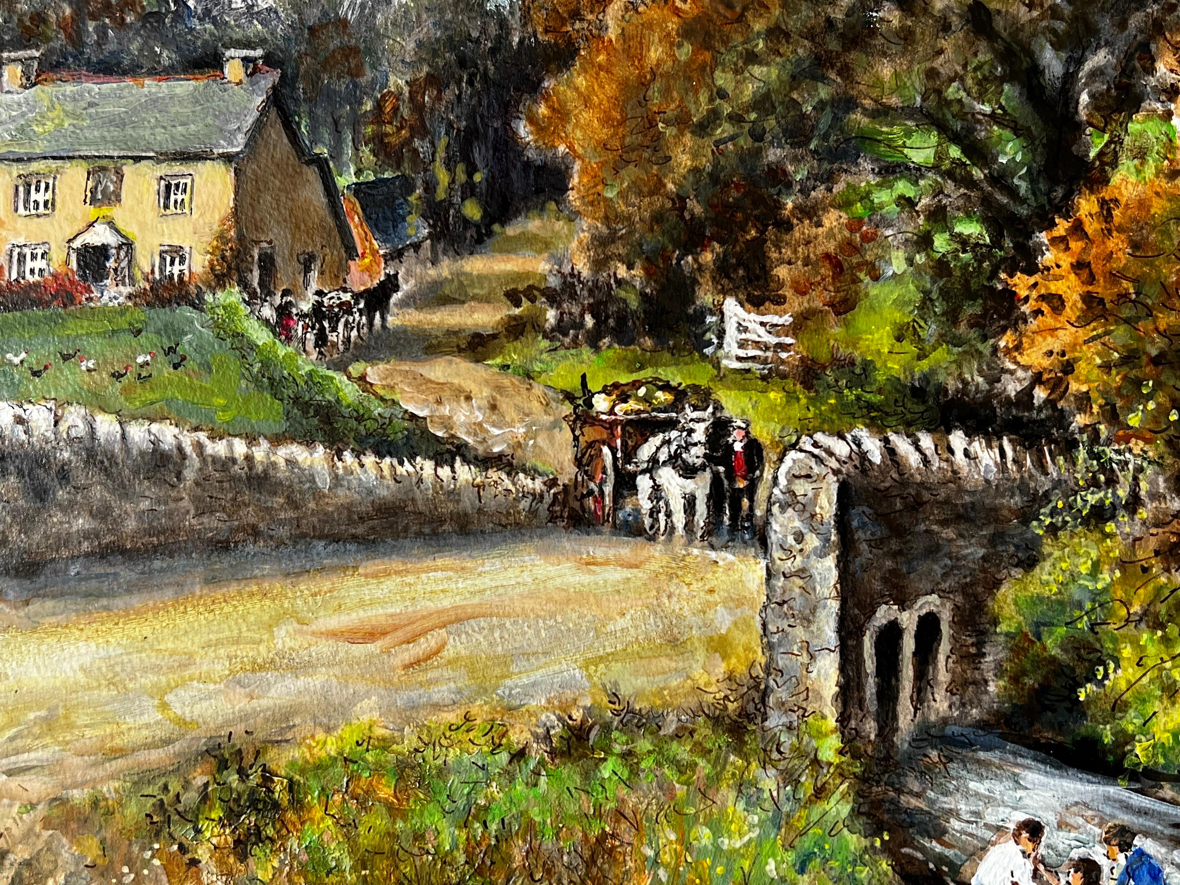 Horse & Cart Travelling Up The Cobbled Bridge in Tresmeer Cornwall (voyage à cheval et à chariot) - Marron Landscape Painting par Norman A Olley