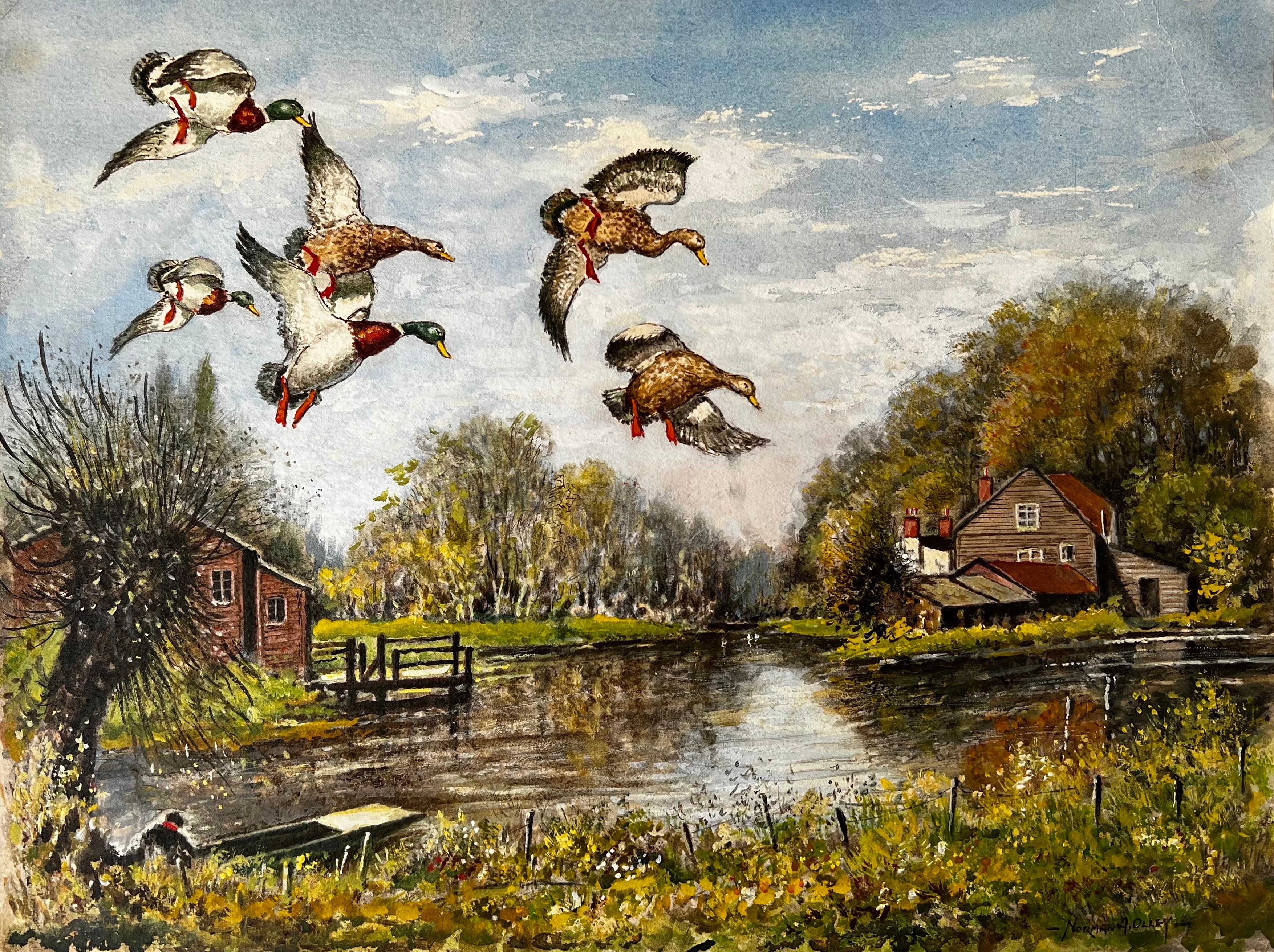 Mallard Ducks Dropping into The Ember Surrey River - Painting by Norman A Olley