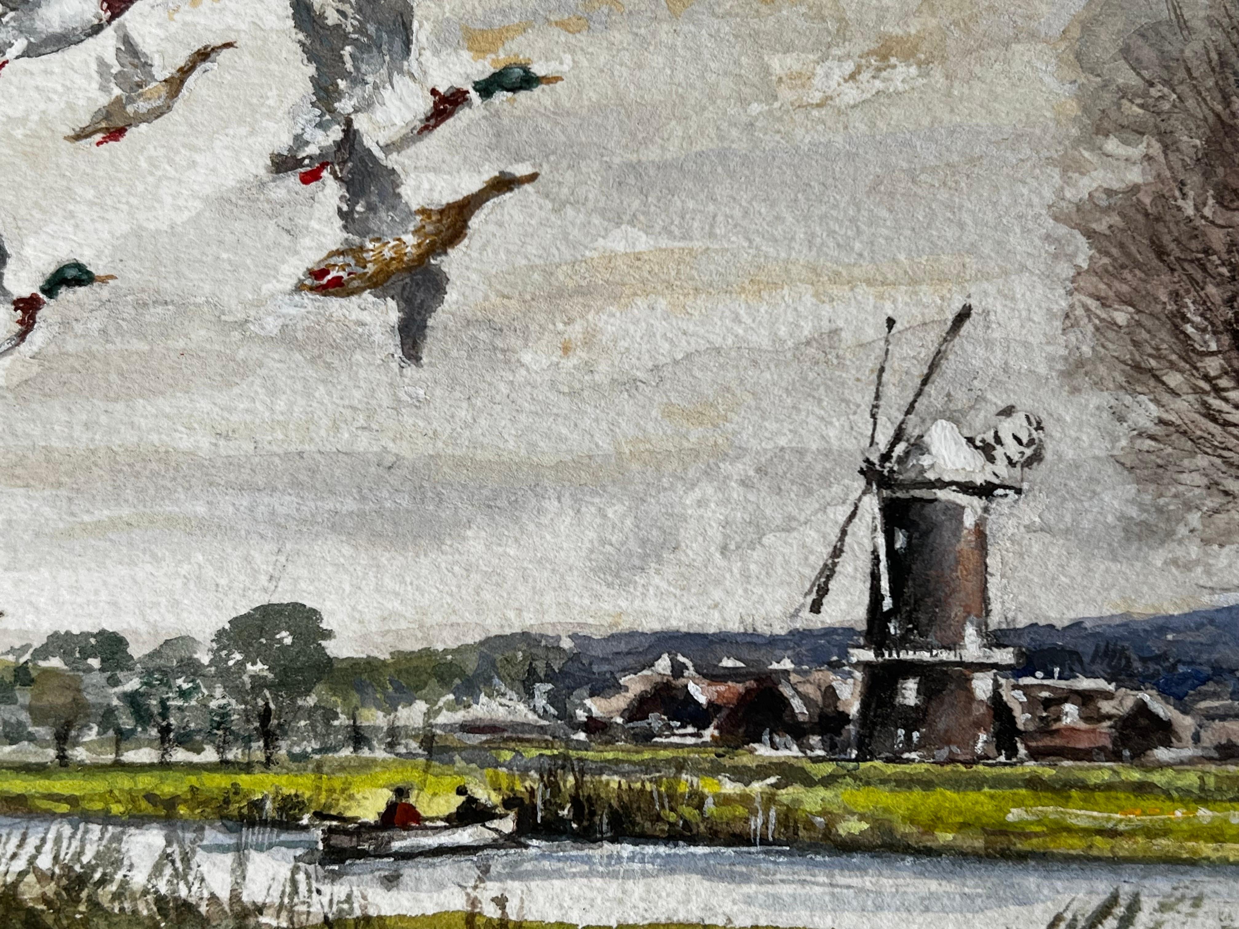 Mallard Ducks Flying Over The Marshes Past The Mill Beyond For Sale 3