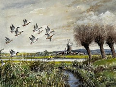 Mallard Ducks Flying Over The Marshes Past The Mill Beyond