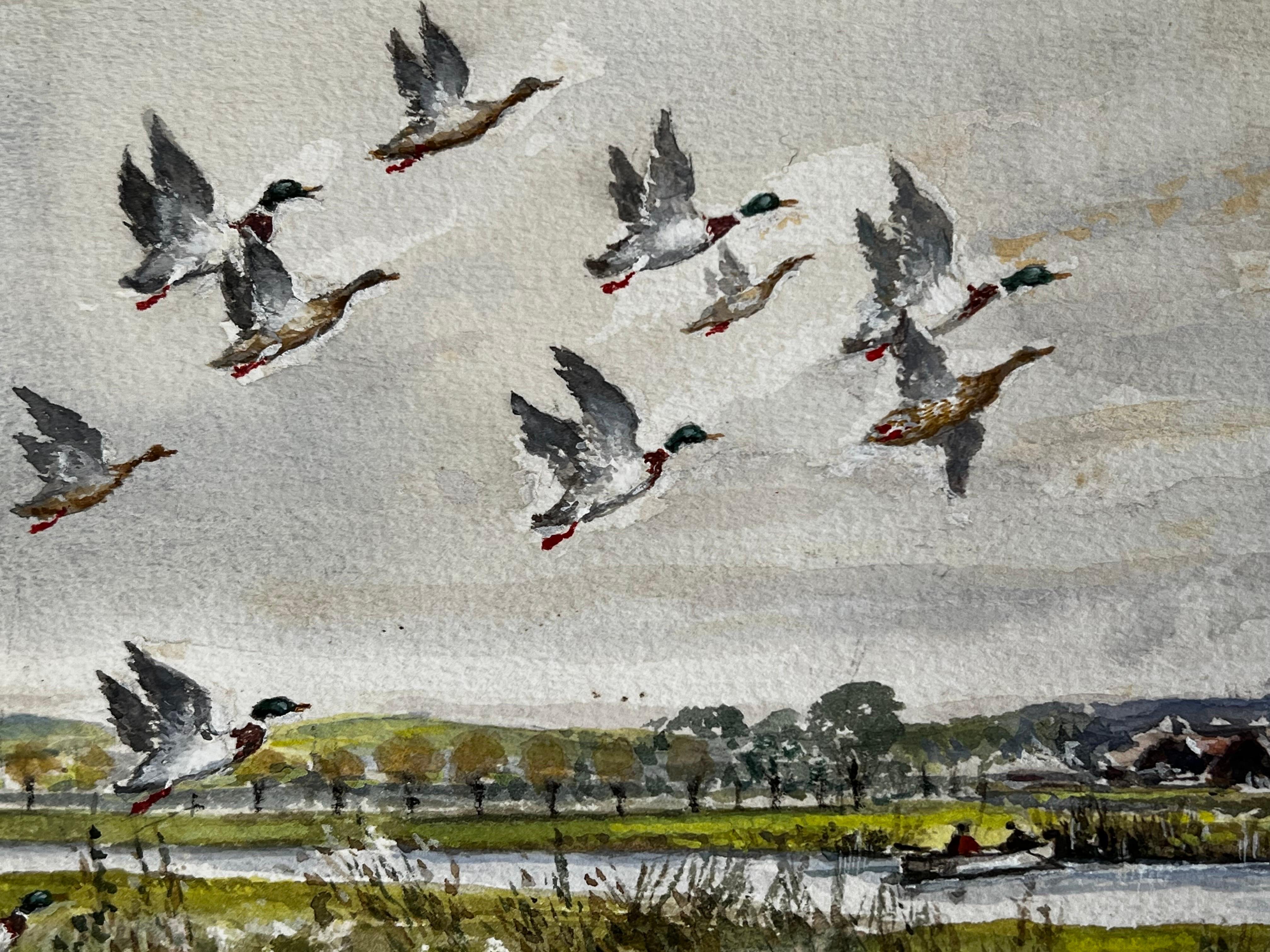 Mallard Ducks Flying Over The Marshes Past The Mill Beyond For Sale 1