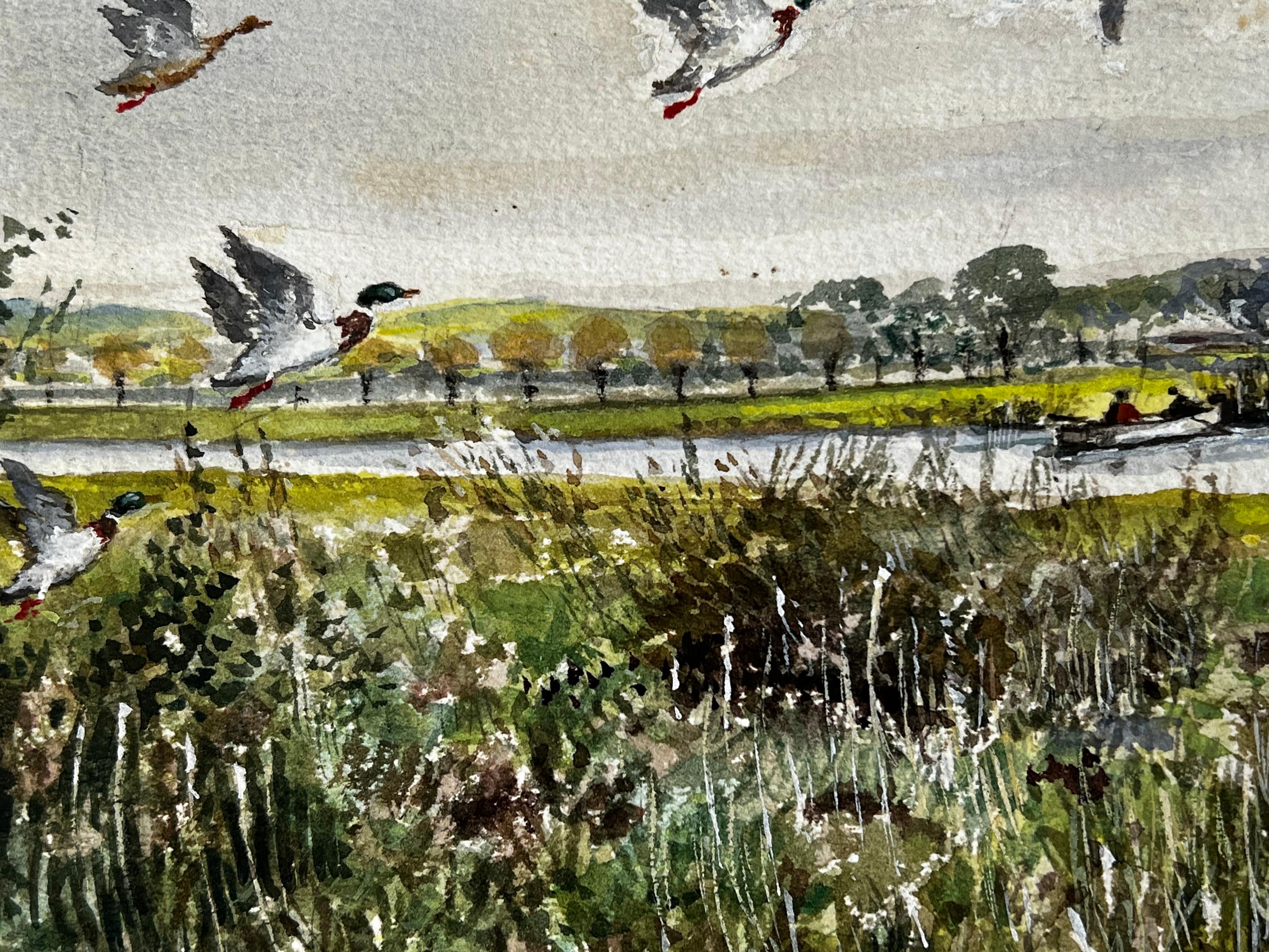 Mallard Ducks Flying Over The Marshes Past The Mill Beyond For Sale 2