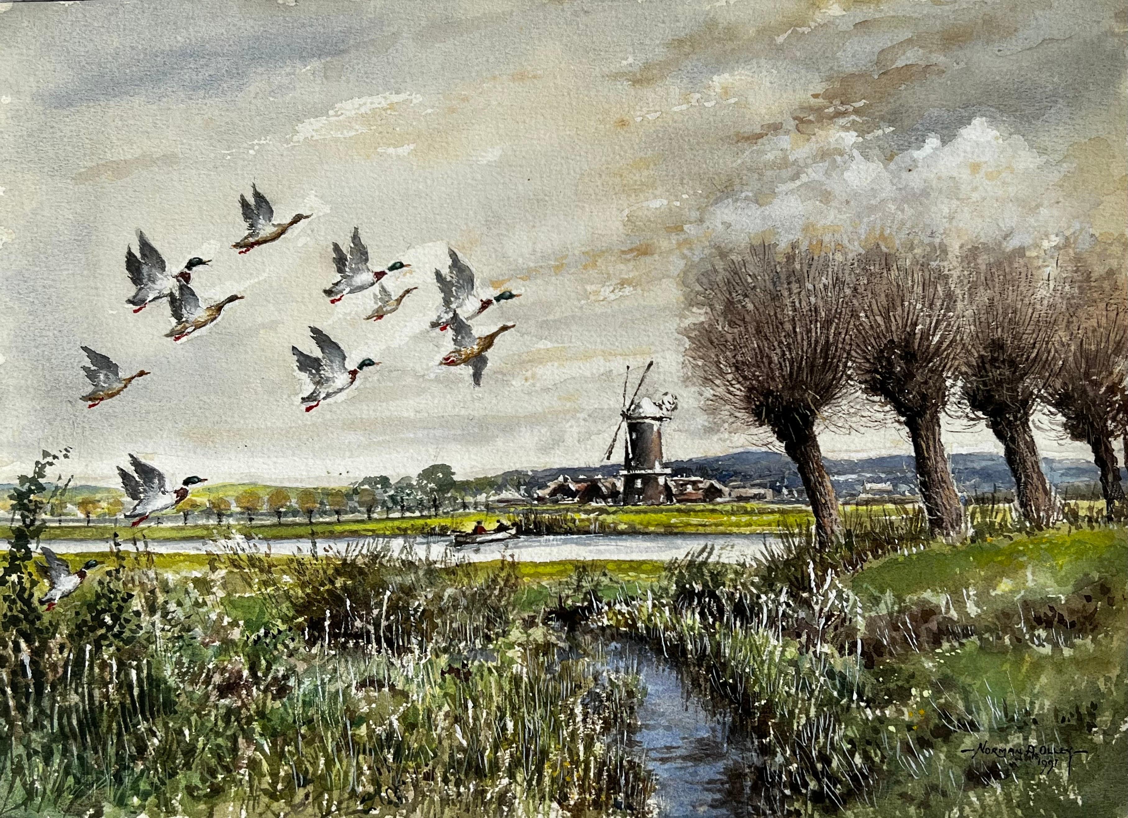 Norman A Olley Figurative Painting - Mallard Ducks Flying Over The Marshes Past The Mill Beyond