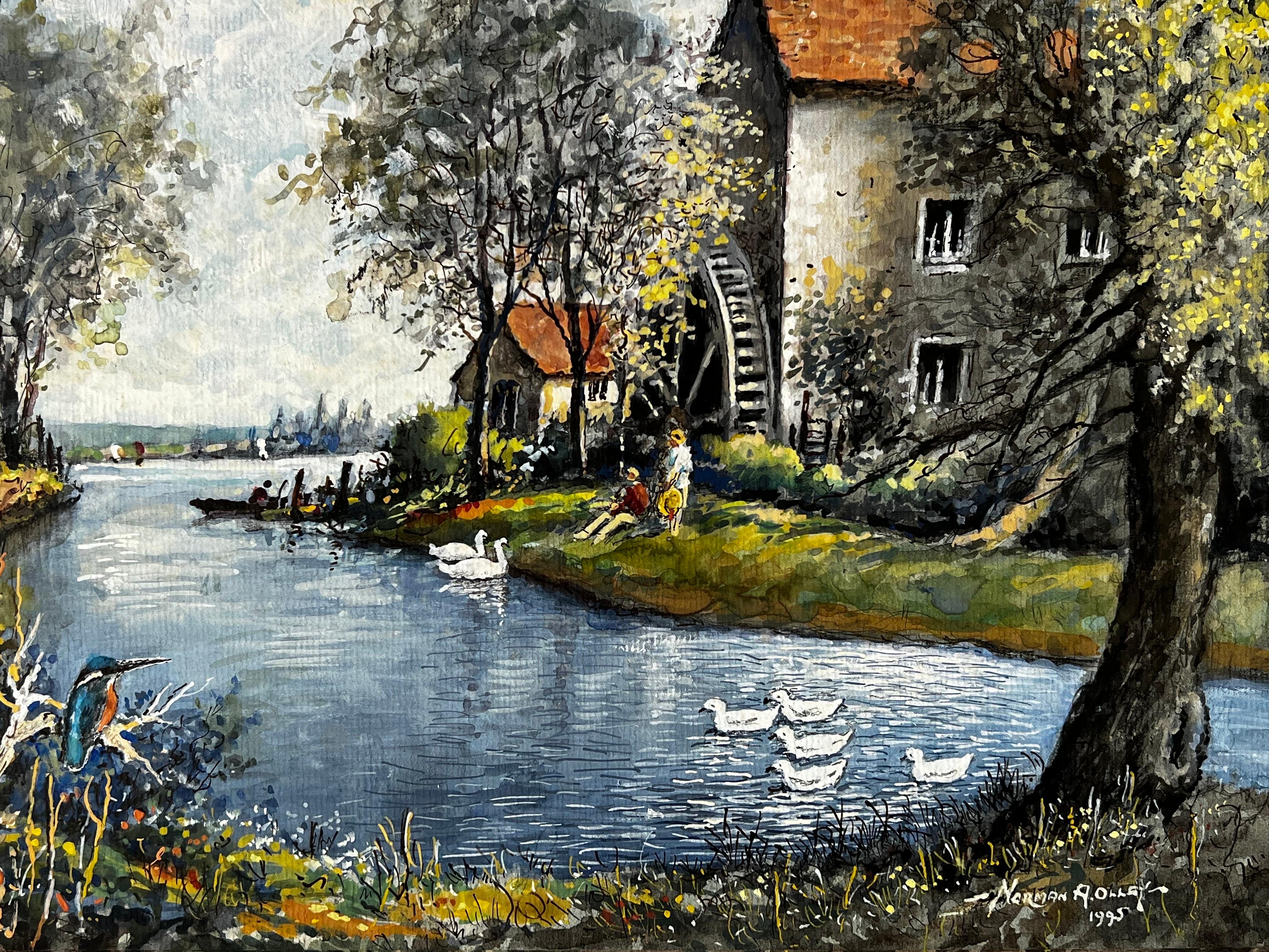 A Peaceful Afternoon With Swans By An Old Cottage Mill - Painting by Norman A Olley