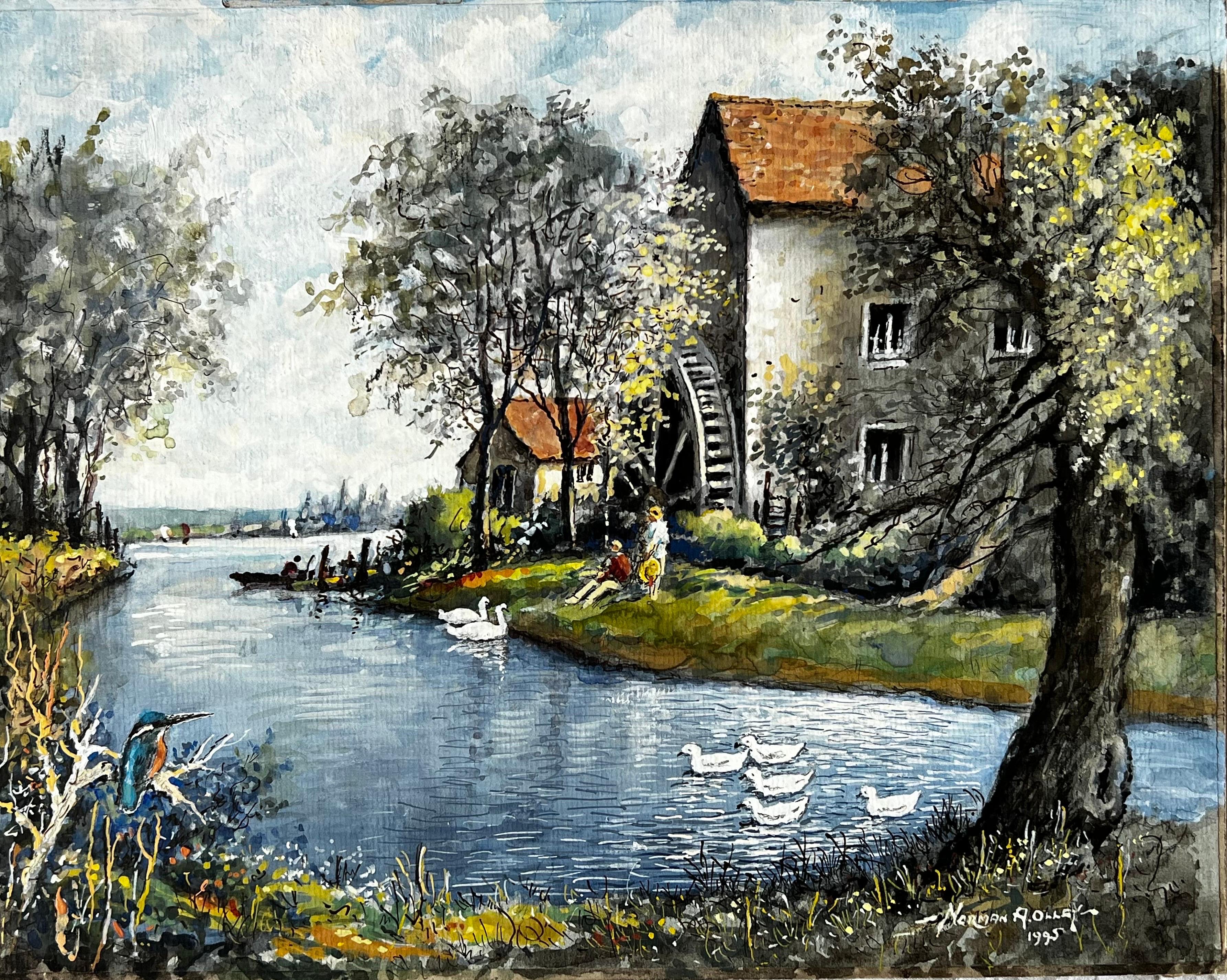 Norman A Olley Figurative Painting - A Peaceful Afternoon With Swans By An Old Cottage Mill