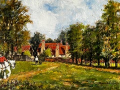 Victorian Style October Manor Farm Painting, Gouache on Board