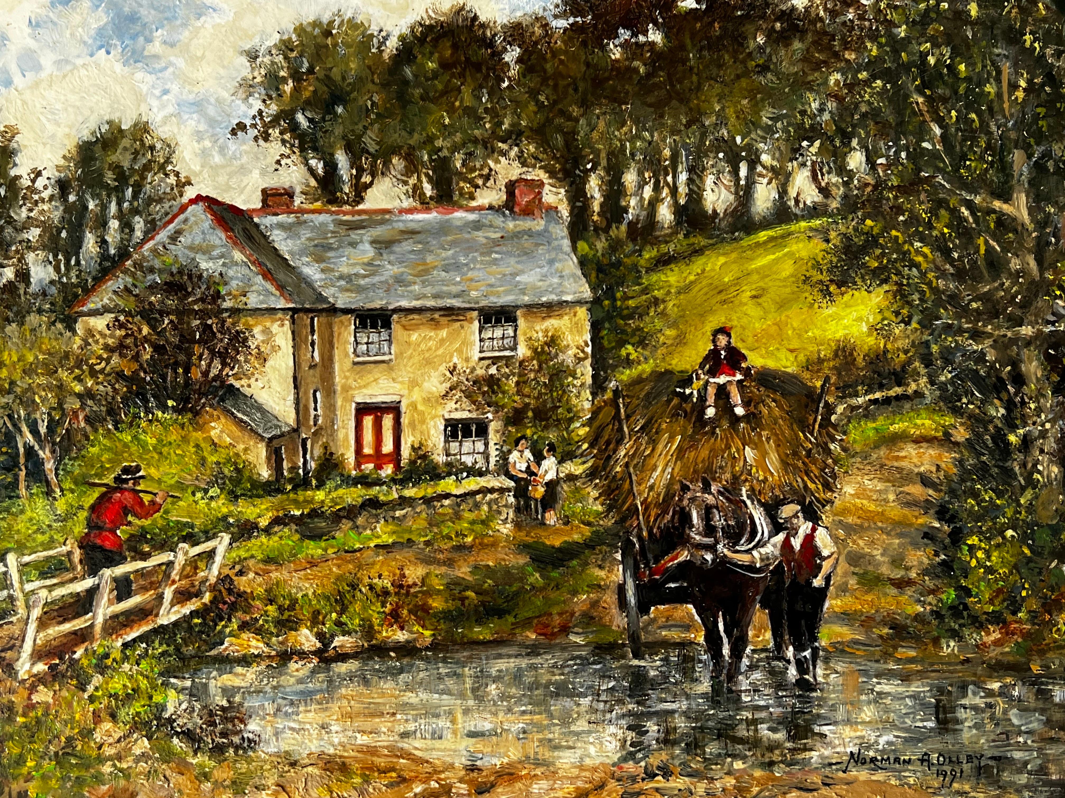 Crossing The Brook By Village Cottage, Treglith Cornwall - Painting by Norman A Olley