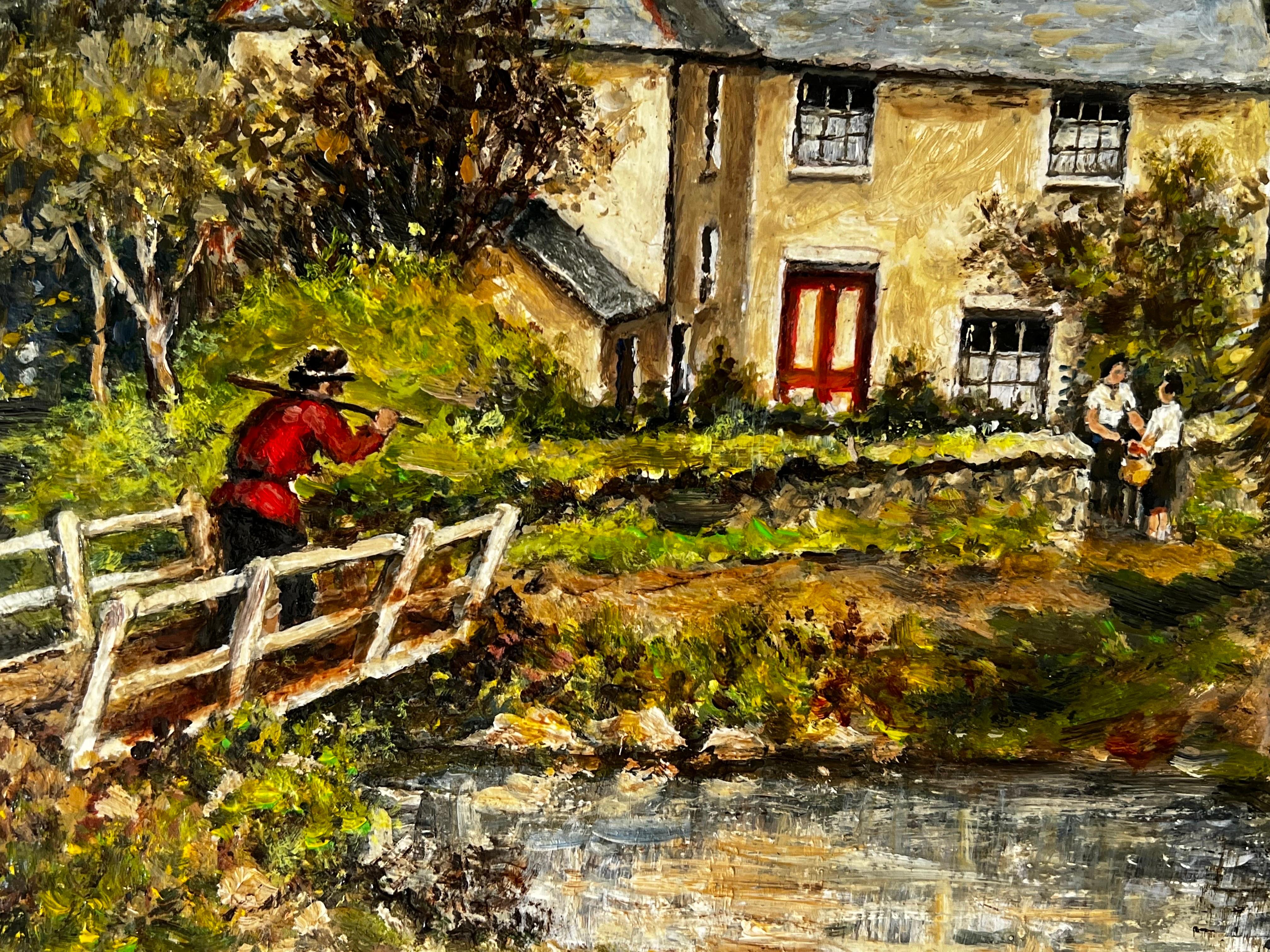 Crossing The Brook By Village Cottage, Treglith Cornwall - Victorian Painting by Norman A Olley