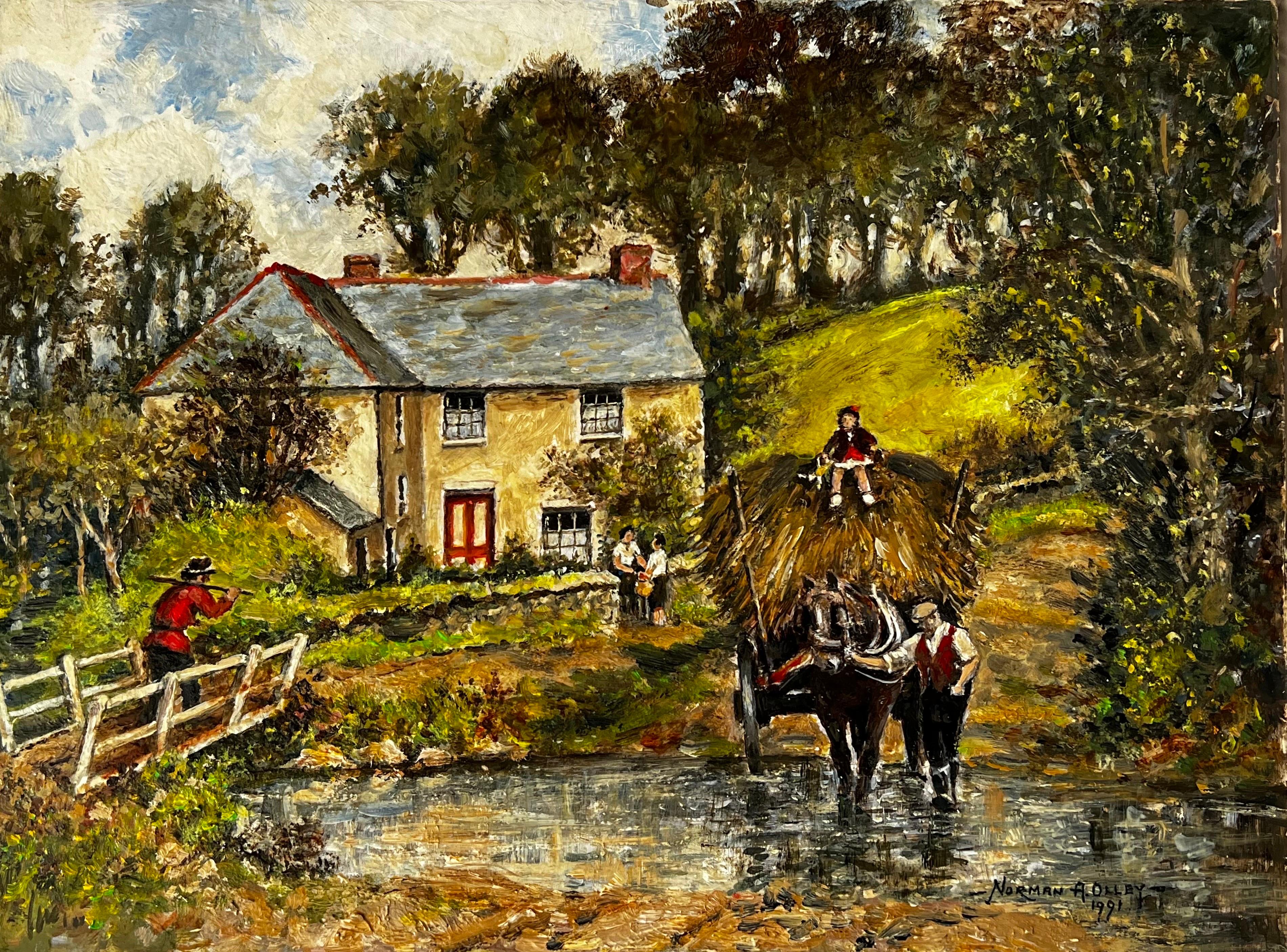 Norman A Olley Landscape Painting - Crossing The Brook By Village Cottage, Treglith Cornwall