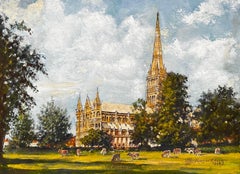 Salisbury Cathedral Original Painting, Cattle Grazing in Pastoral Meadows