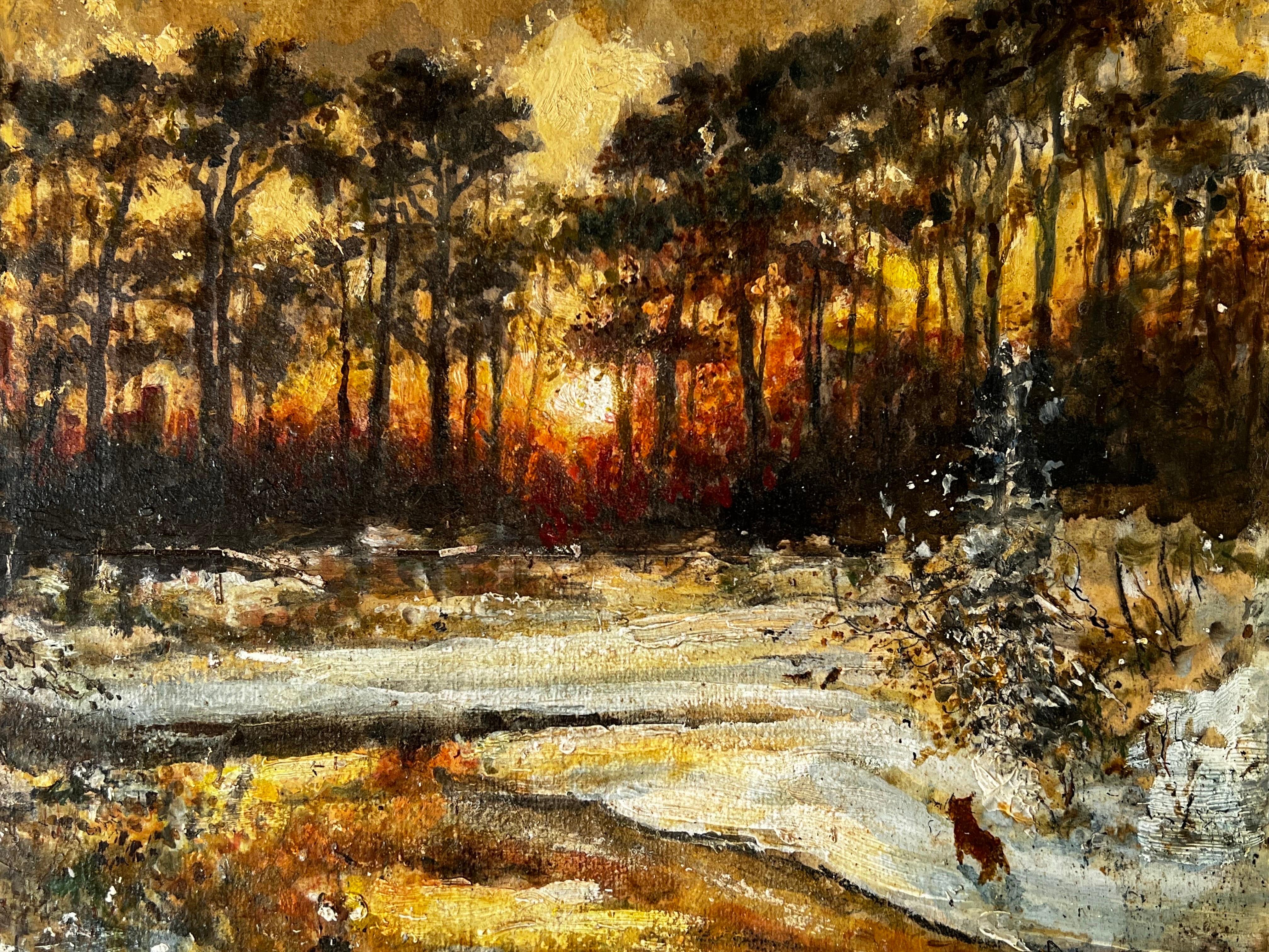 Snowy Woodland Sun Rise With Observant An Small Fox  - Painting by Norman A Olley