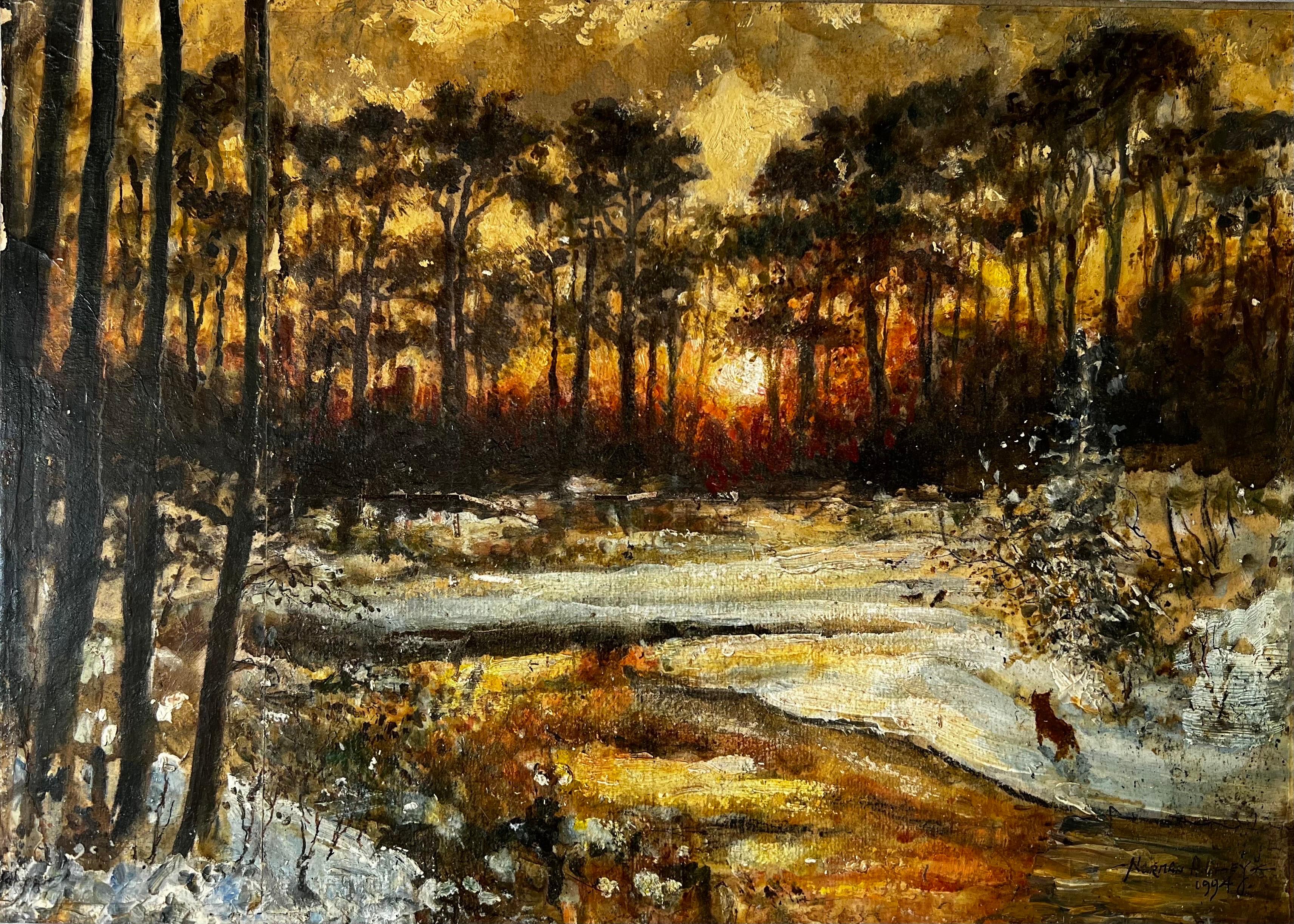 Norman A Olley Landscape Painting - Snowy Woodland Sun Rise With Observant An Small Fox 