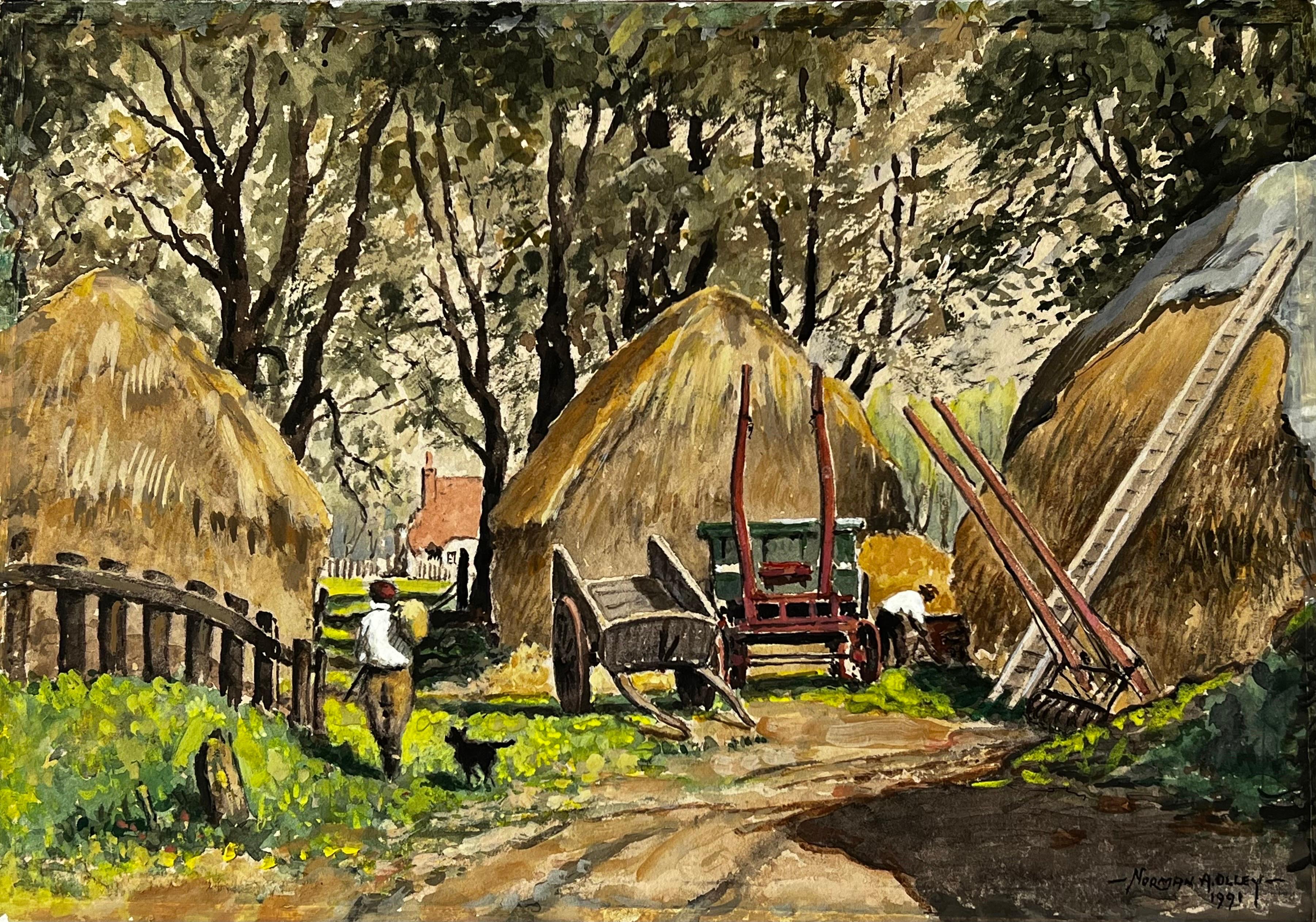 Summertime Landscape, Gathering Hay From The Hay Stacks Mannor Farm , Surrey - Painting by Norman A Olley