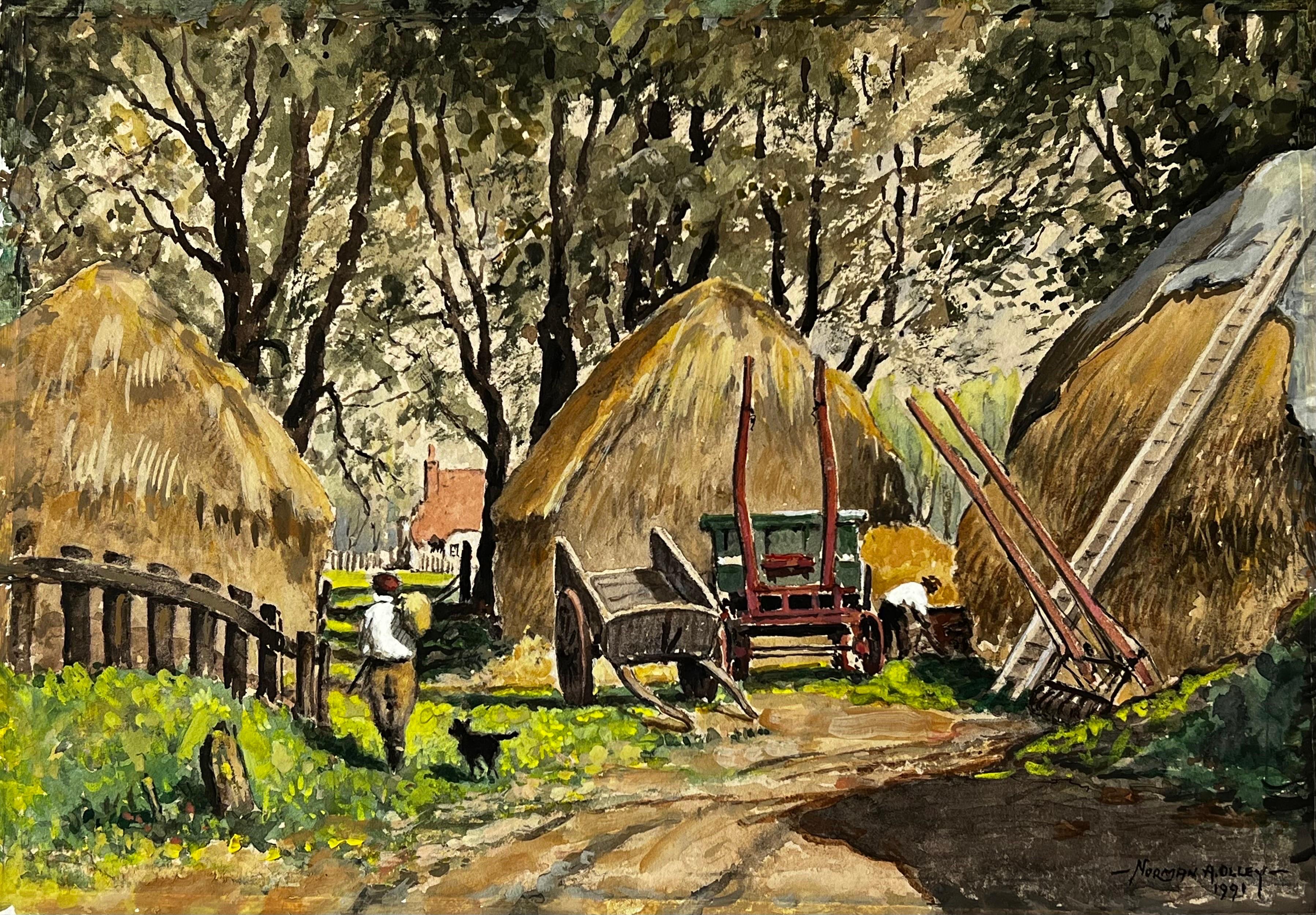 Norman A Olley Figurative Painting - Summertime Landscape, Gathering Hay From The Hay Stacks Mannor Farm , Surrey