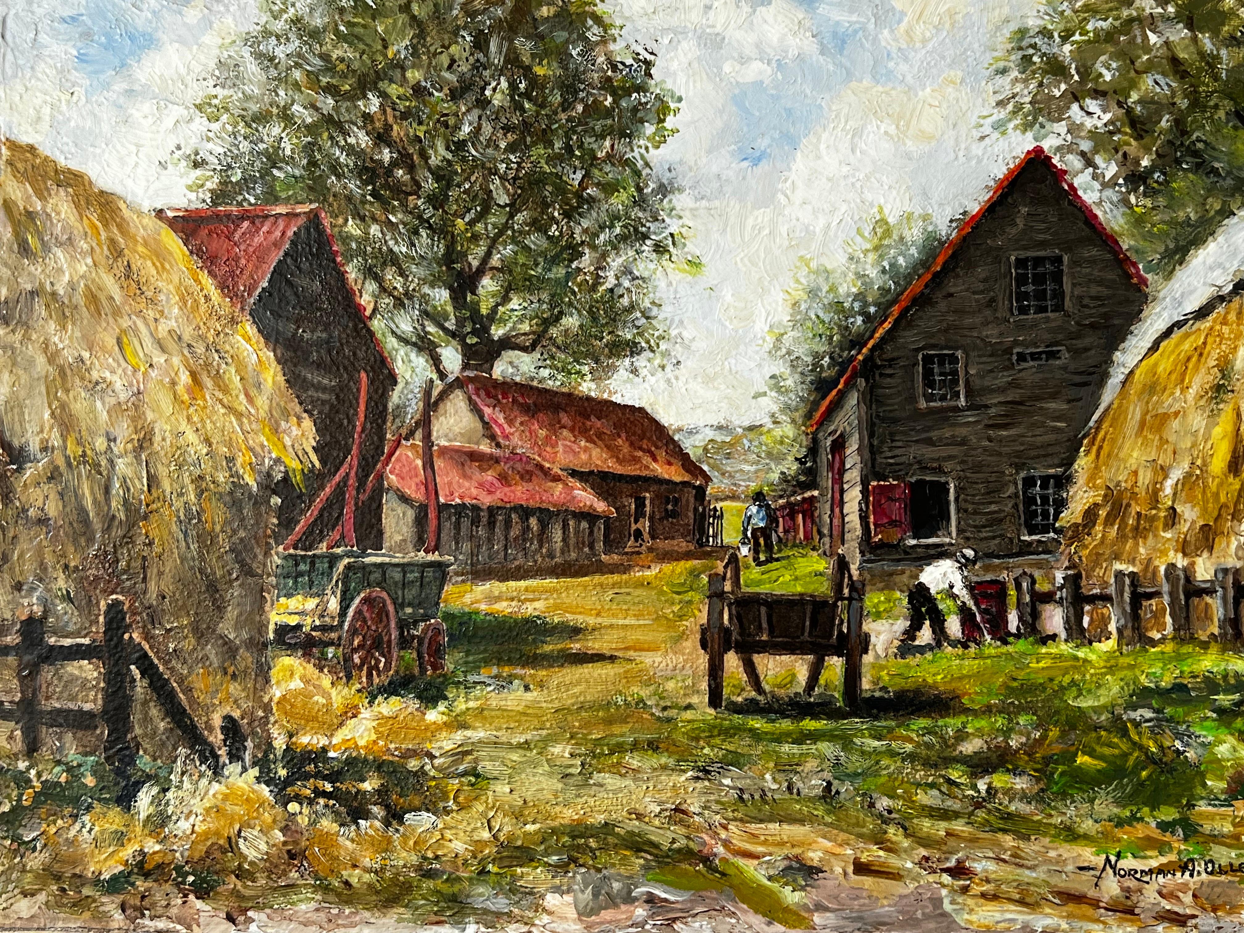 Surrey Farmyard Of Farmers At Work - British Landscape - Painting by Norman A Olley