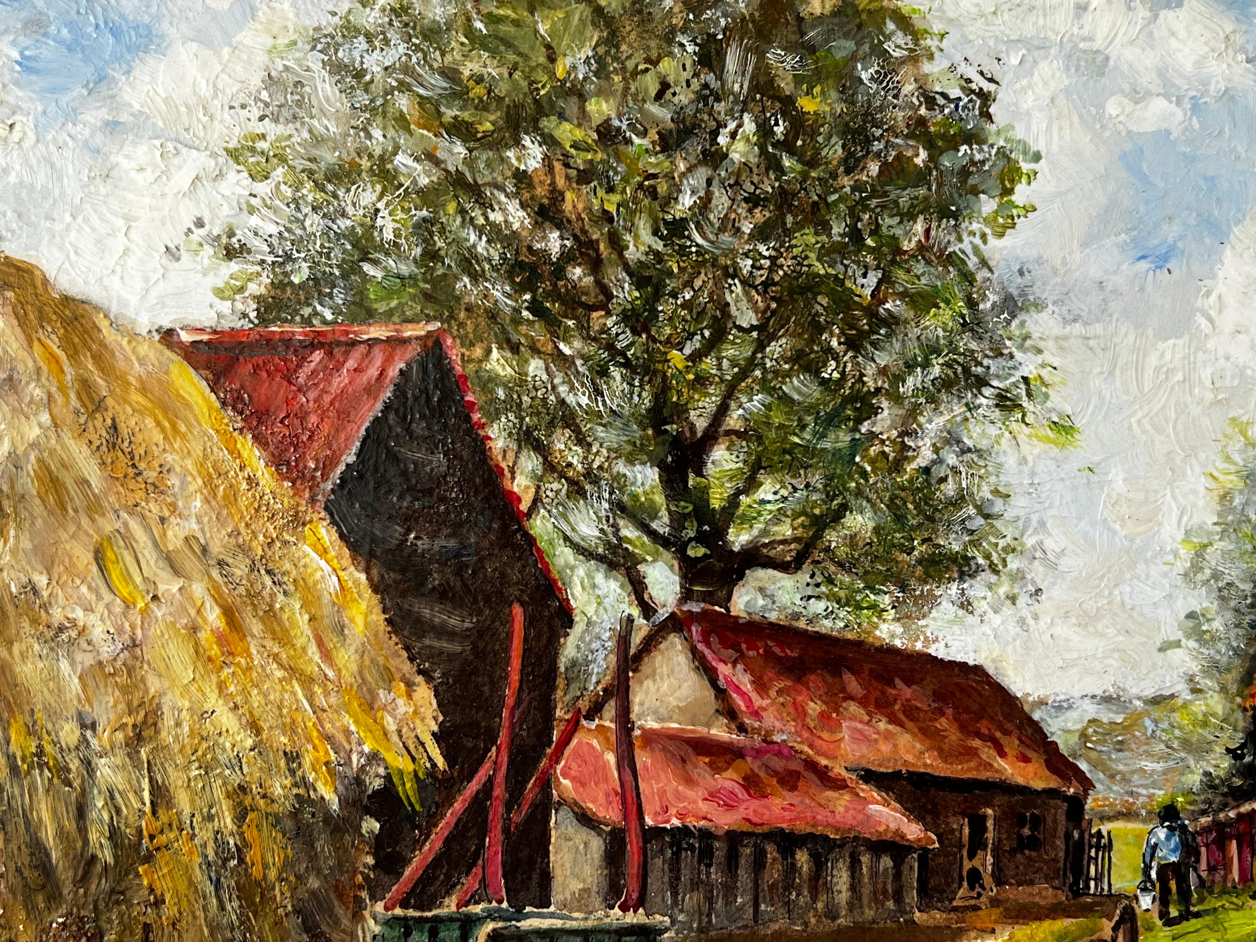 Surrey Farmyard Of Farmers At Work - British Landscape - Brown Figurative Painting by Norman A Olley