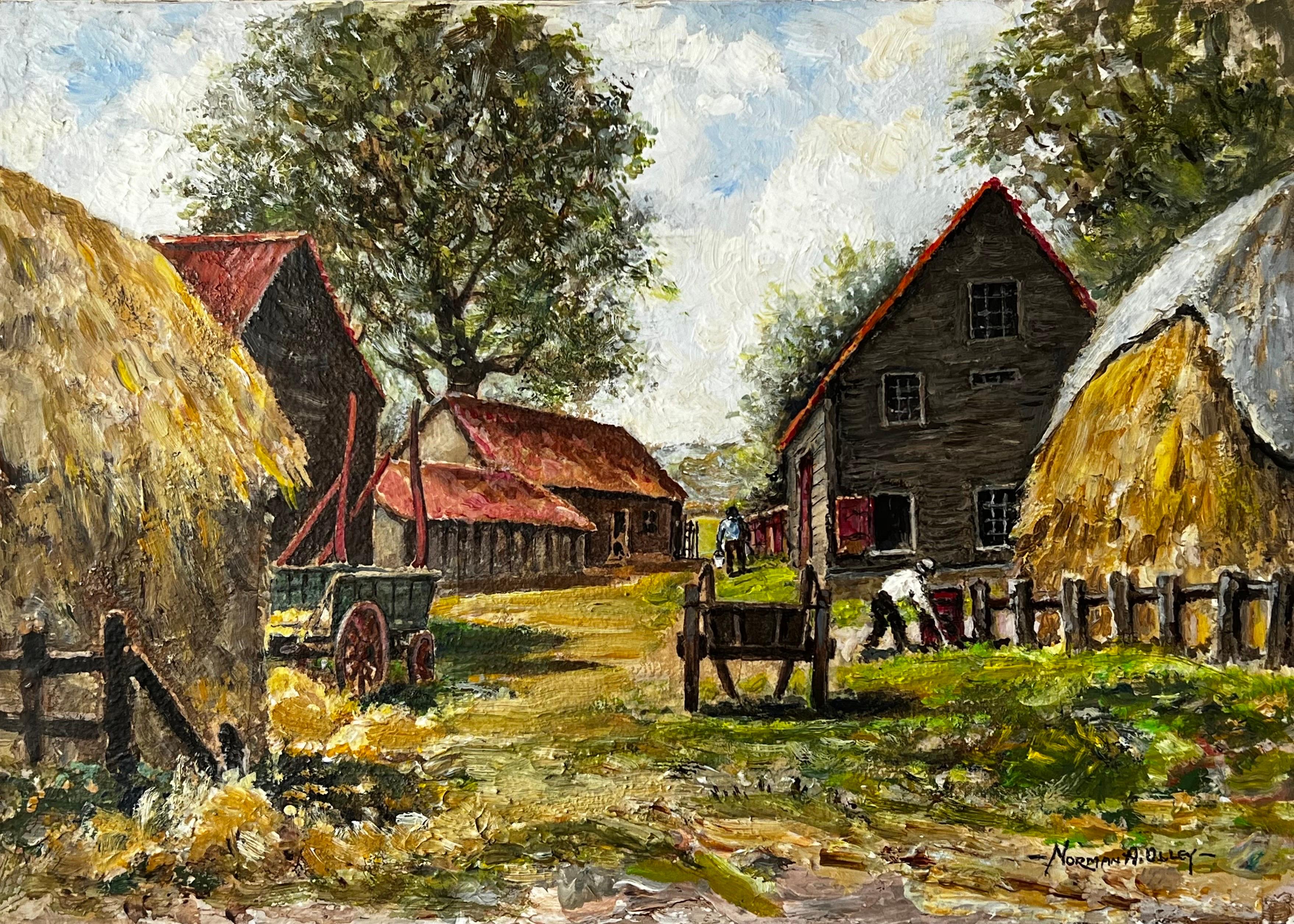 Norman A Olley Figurative Painting - Surrey Farmyard Of Farmers At Work - British Landscape