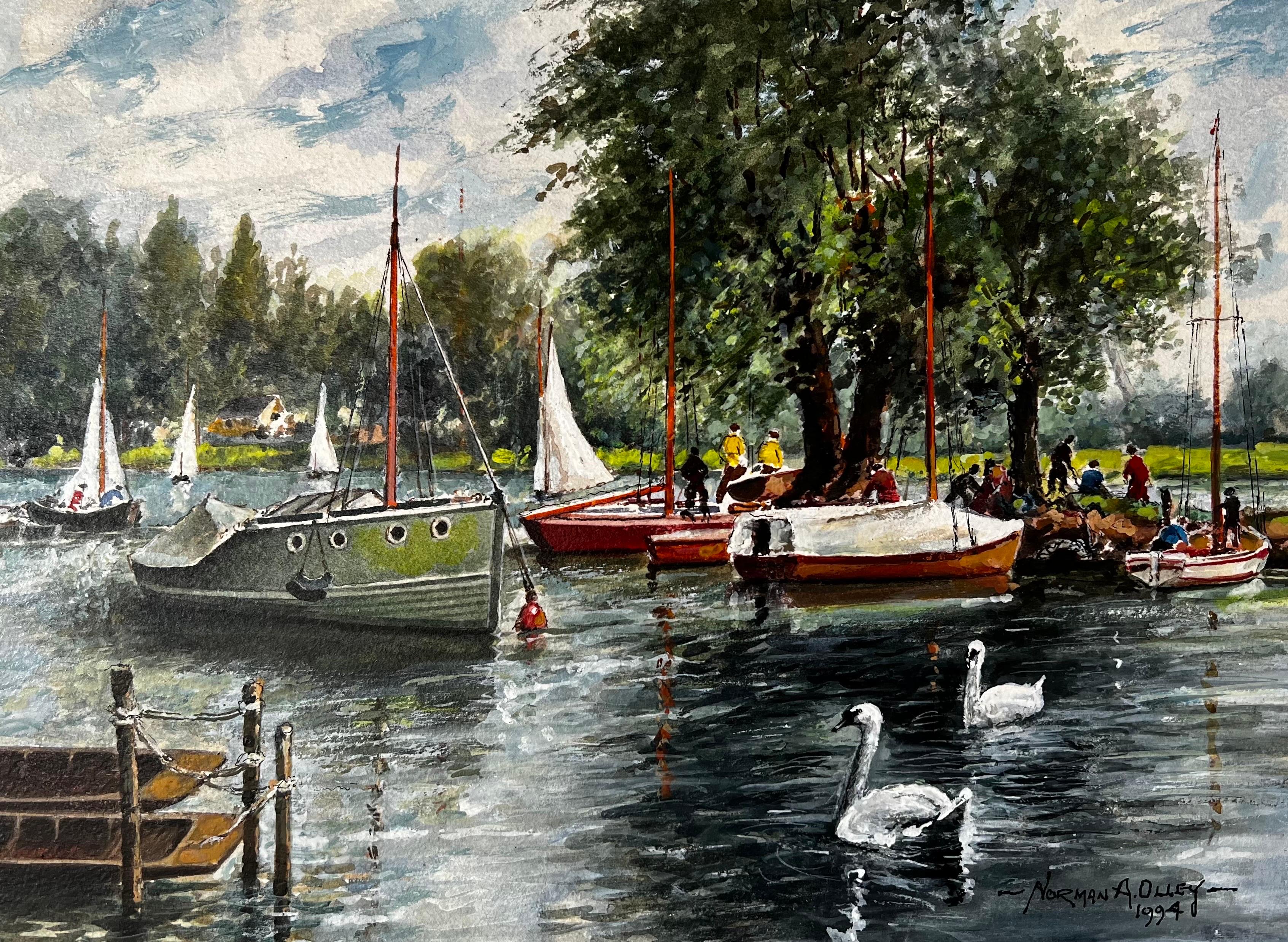 Swan and Boat Landscape By The Thames At Hampton Middlesex - Painting by Norman A Olley