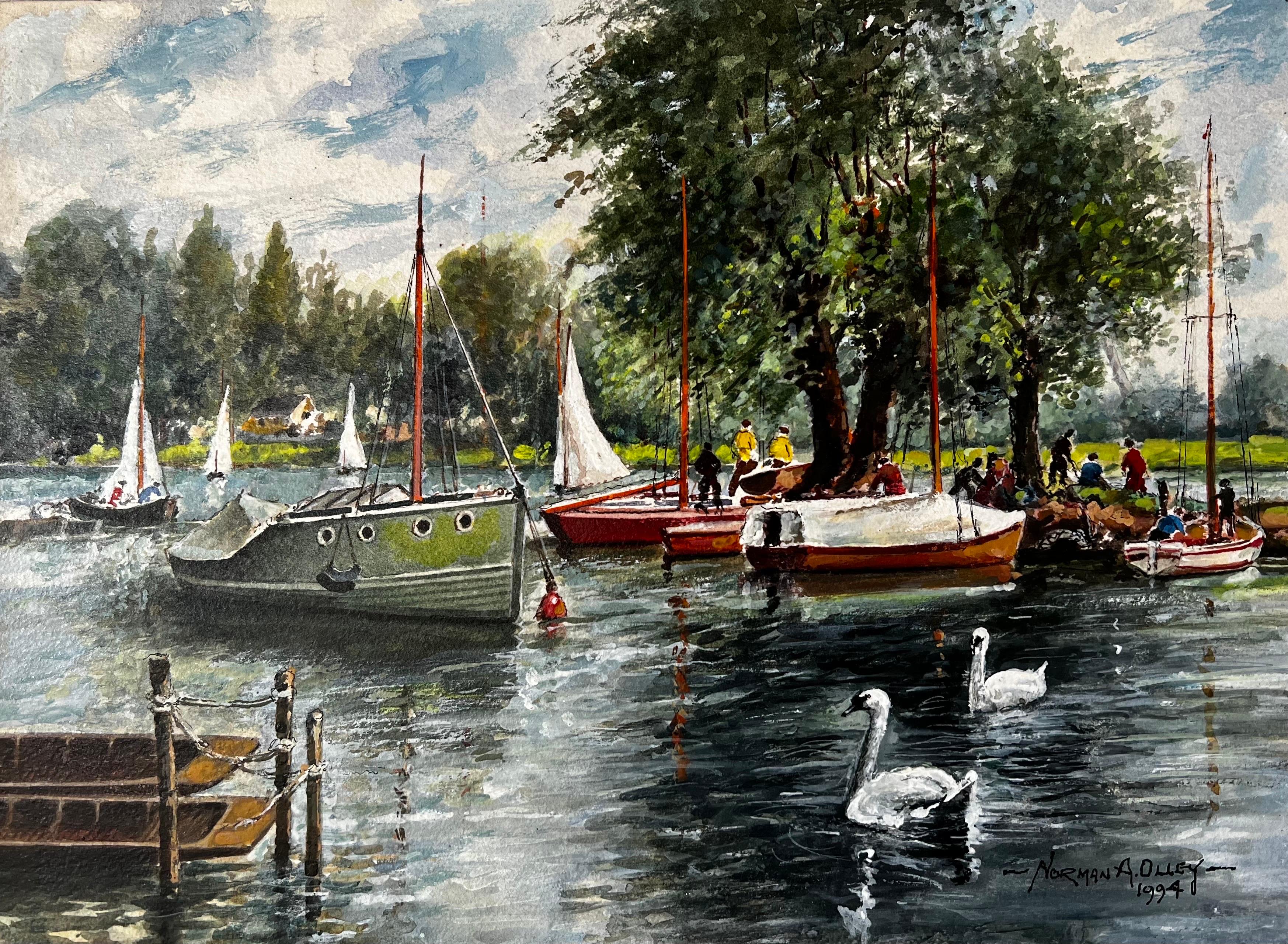 Figurative Painting de Norman A Olley - Paisaje de cisnes y barcos junto al Támesis en Hampton Middlesex