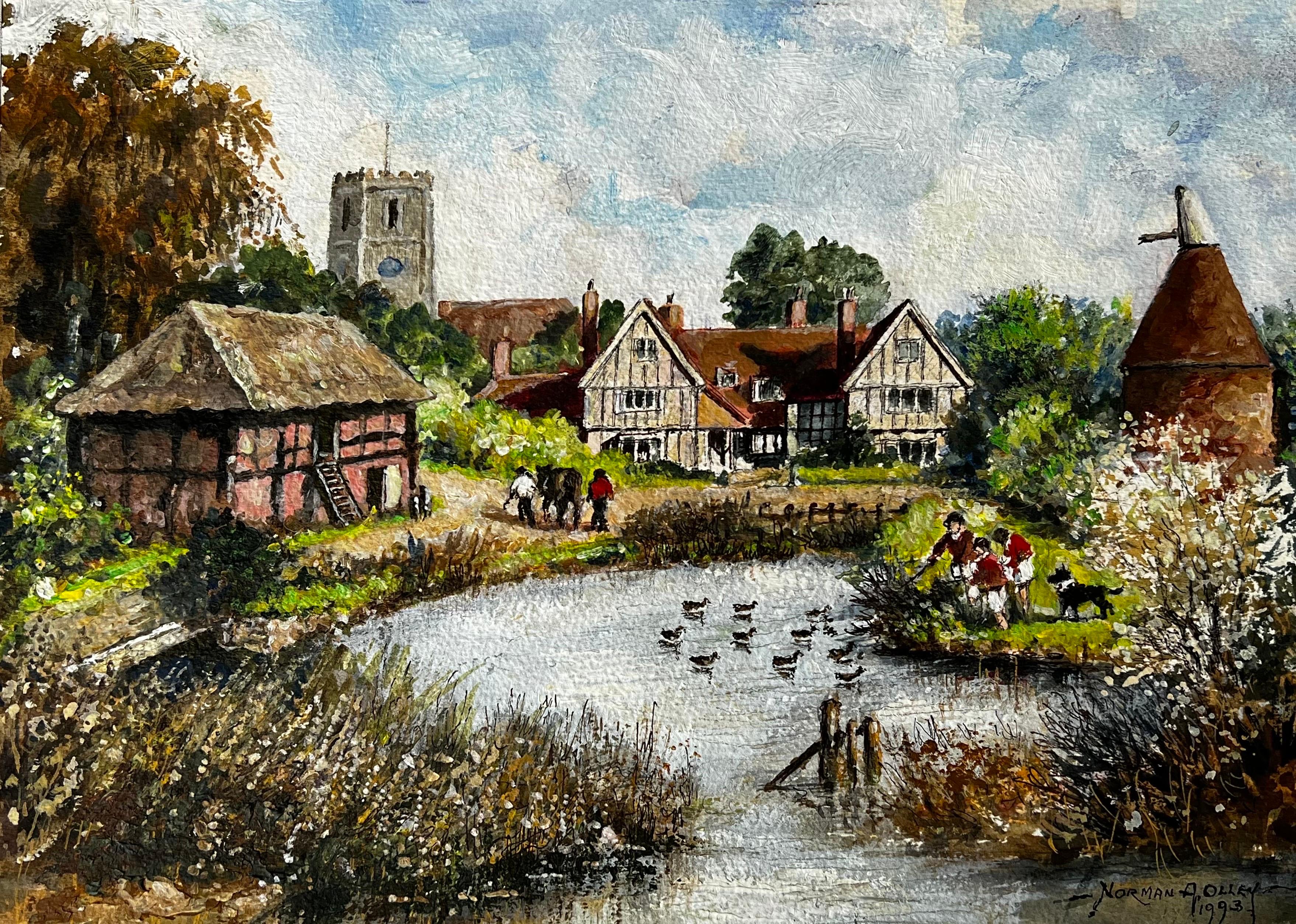 The Huntsman Feeding The Ducks In A Peaceful Kentish Town Landscape - Painting by Norman A Olley