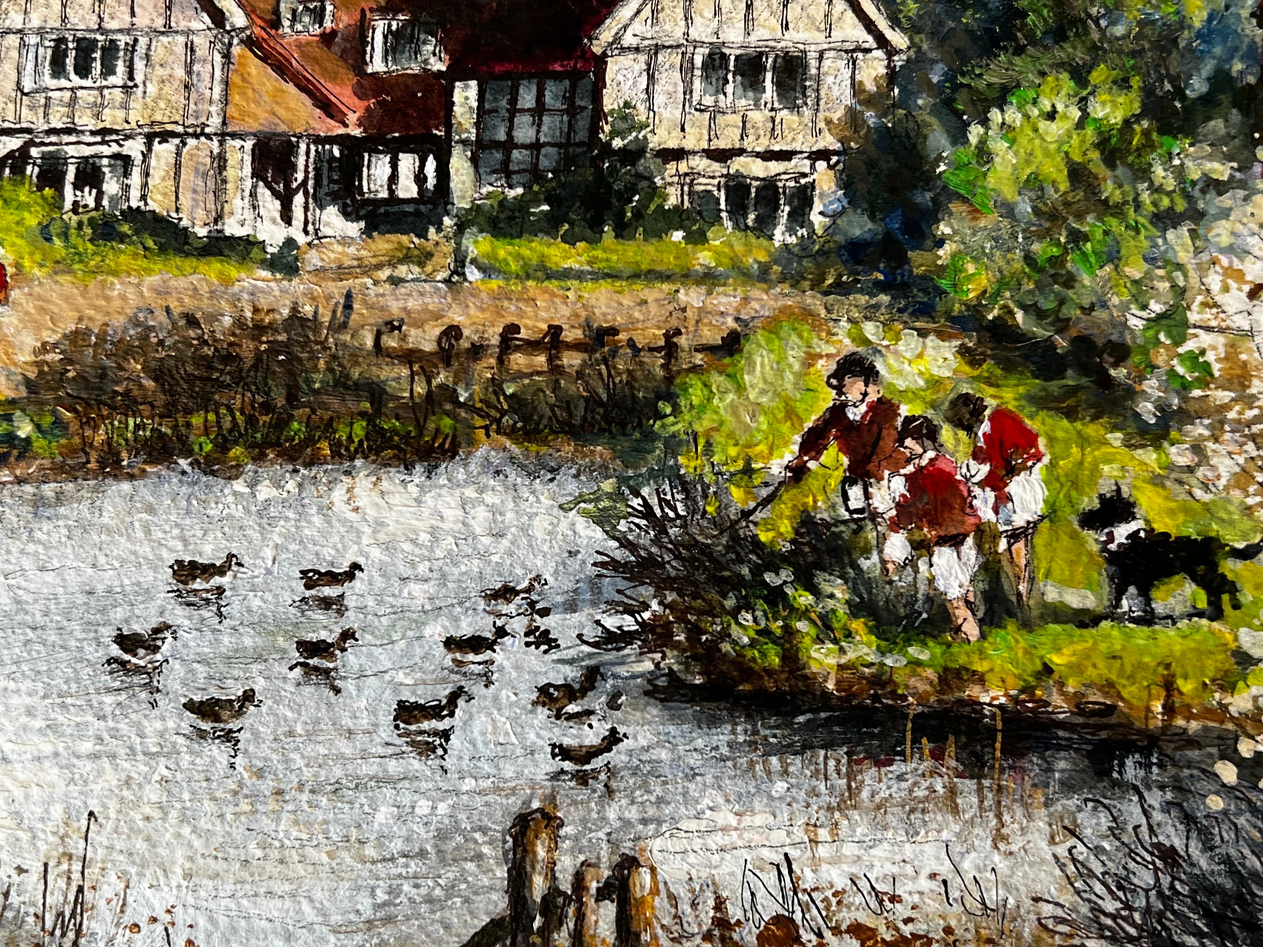 The Huntsman Feeding The Ducks In A Peaceful Kentish Town Landscape - Victorian Painting by Norman A Olley