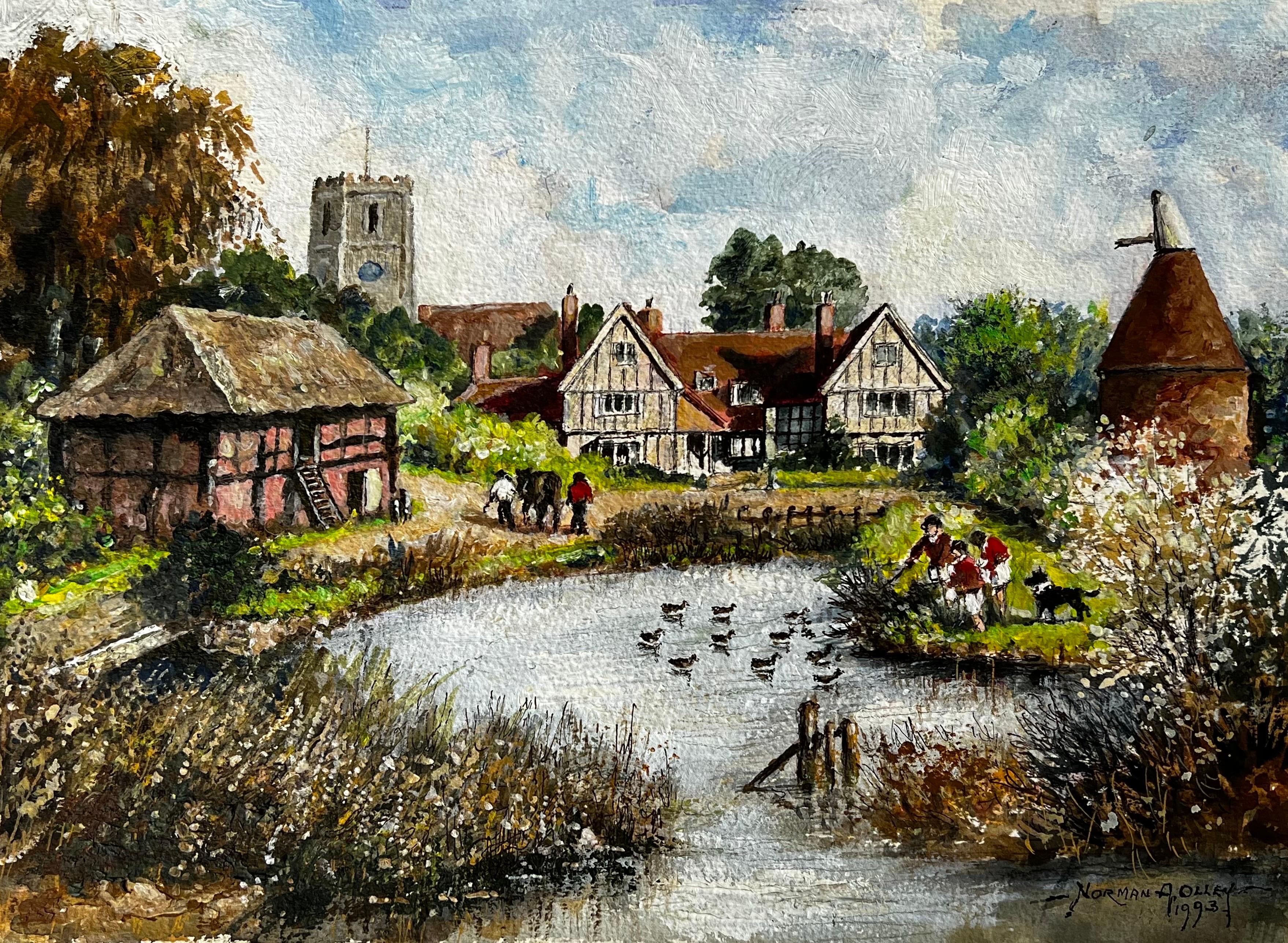 Norman A Olley Landscape Painting - The Huntsman Feeding The Ducks In A Peaceful Kentish Town Landscape