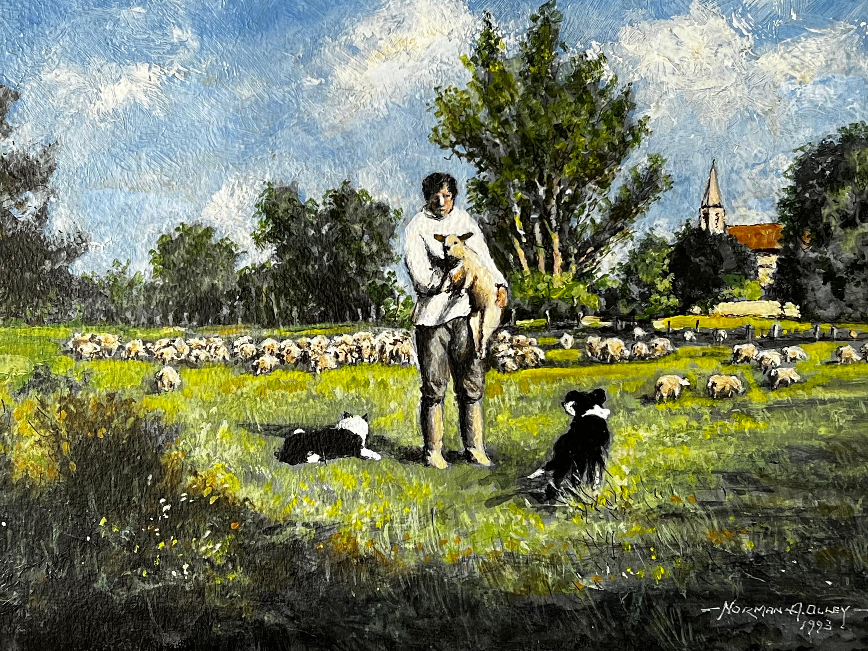 The Shepherd And His Sheep Dog Tending Flock In The Green Pastures Of Spring - Painting by Norman A Olley