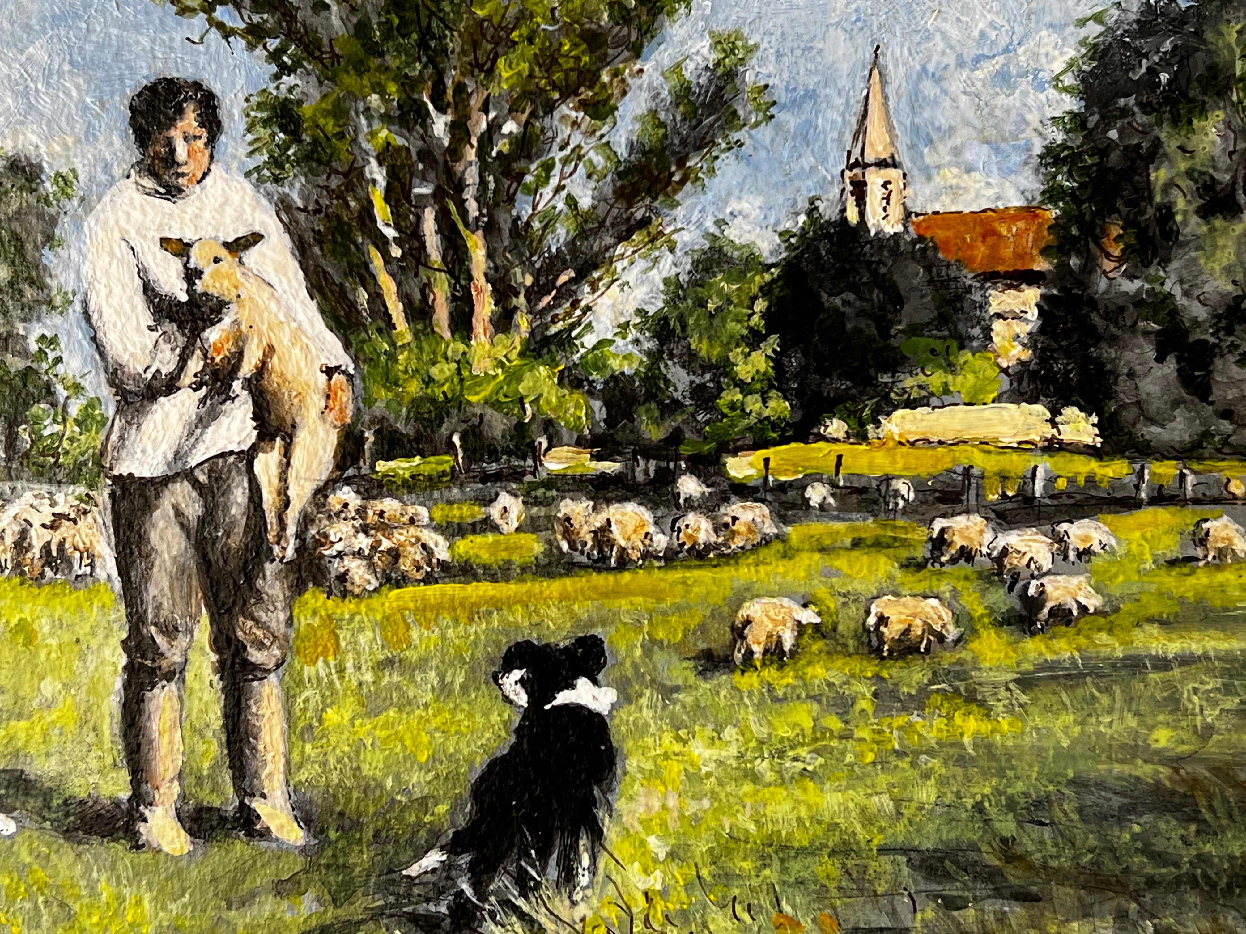 The Shepherd And His Sheep Dog Tending Flock In The Green Pastures Of Spring For Sale 1