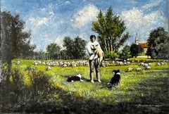 The Shepherd And His Sheep Dog Tending Flock In The Green Pastures Of Spring