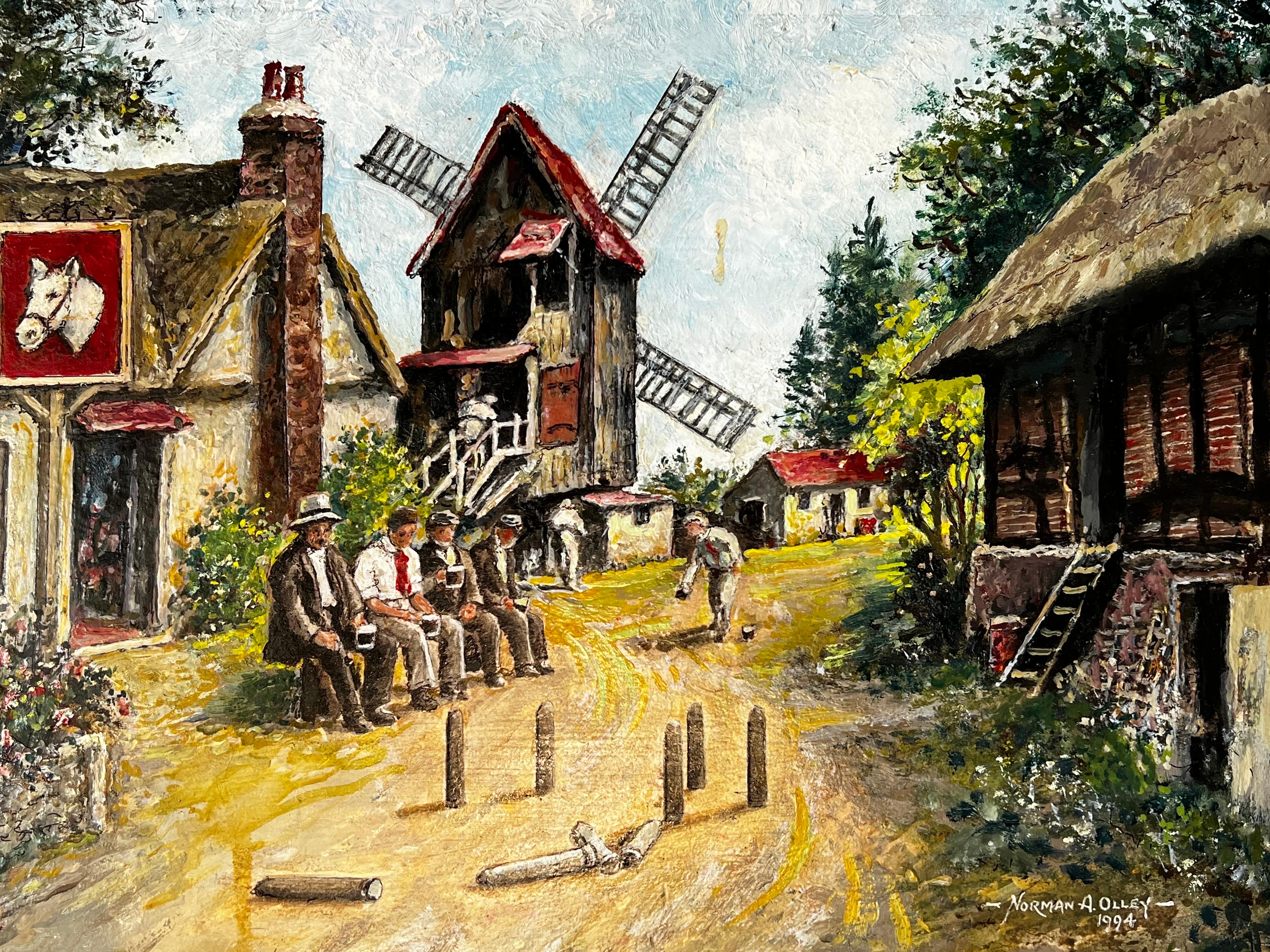 Traditional English Village Tavern Scene Figures Playing Skittles signed  - Painting by Norman A Olley