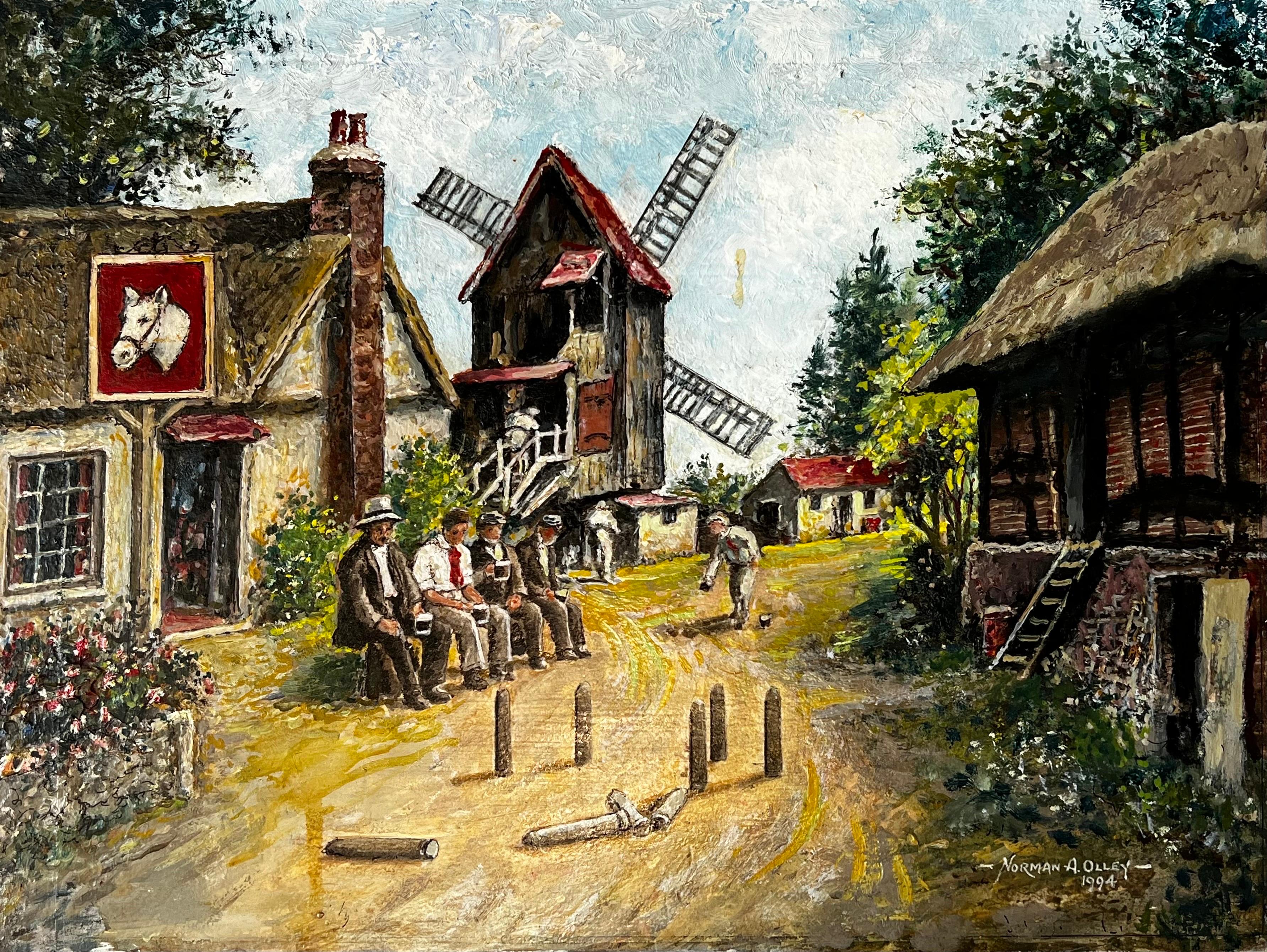 Traditional English Village Tavern Scene Figures Playing Skittles signed 