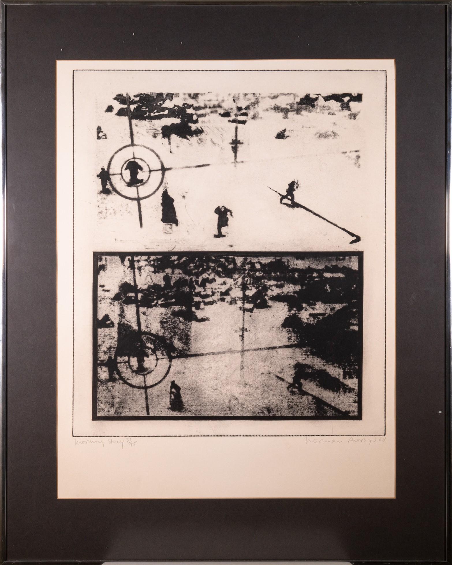 A bold and graphic etching and aquatint on wove paper titled “Morning Story” by Norman Ackroyd. Hand signed in pencil bottom right with a 1968 date and titled with an annotation of 31/75 on the bottom left. A unique minimalistic black and white
