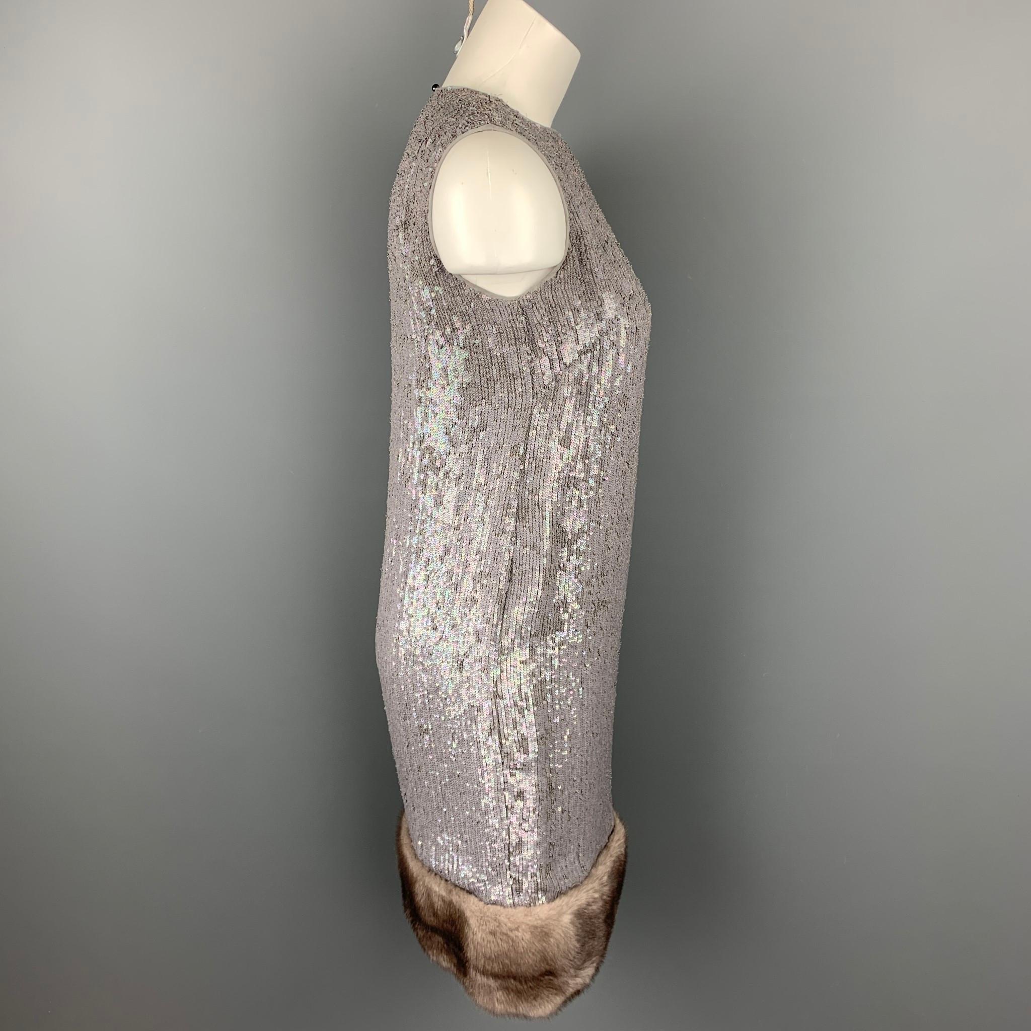 NORMAN AMBROSE Size 4 Gray Silk Sequined Mink Fur Panel Shift Cocktail Dress In Good Condition In San Francisco, CA