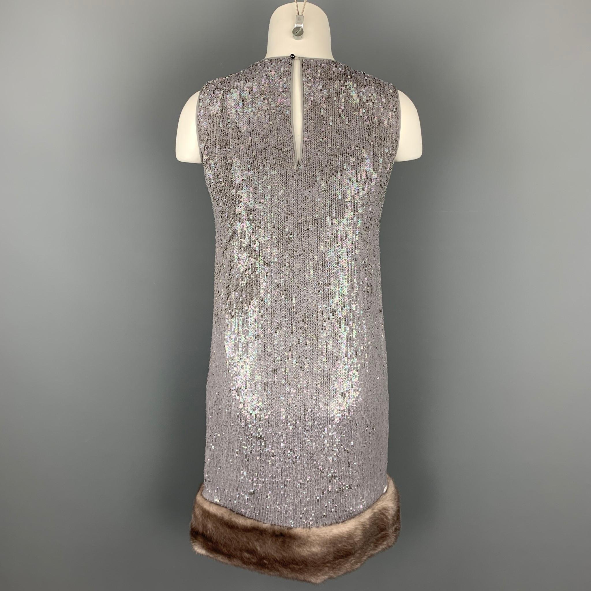 Women's NORMAN AMBROSE Size 4 Gray Silk Sequined Mink Fur Panel Shift Cocktail Dress