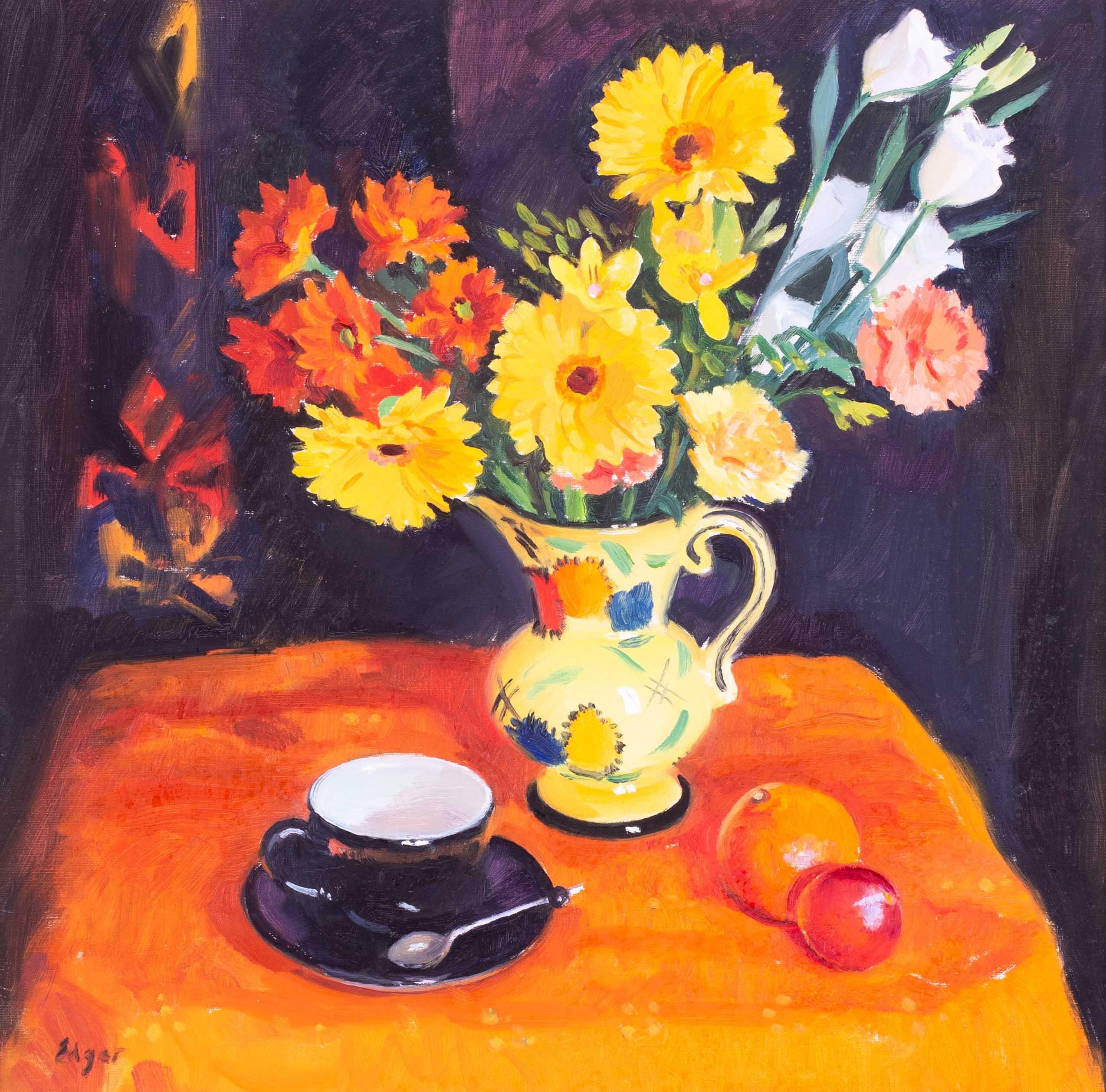 Modern British still life, orange, flowers in an art deco jug by Norman Edgar - Painting by Norman B. Edgar