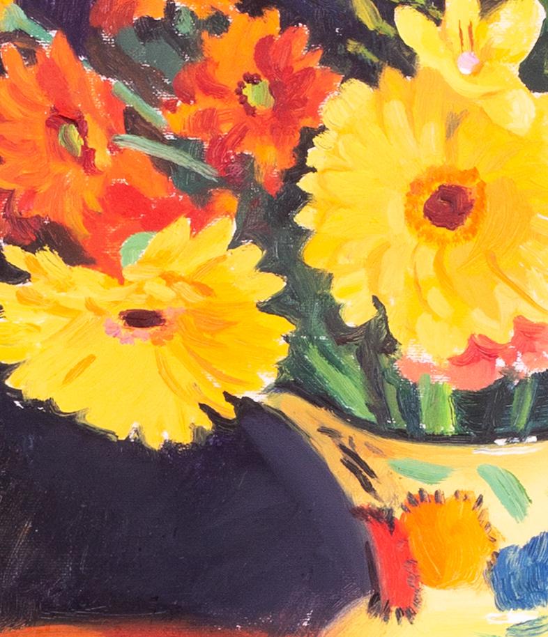 Modern British still life, orange, flowers in an art deco jug by Norman Edgar For Sale 1