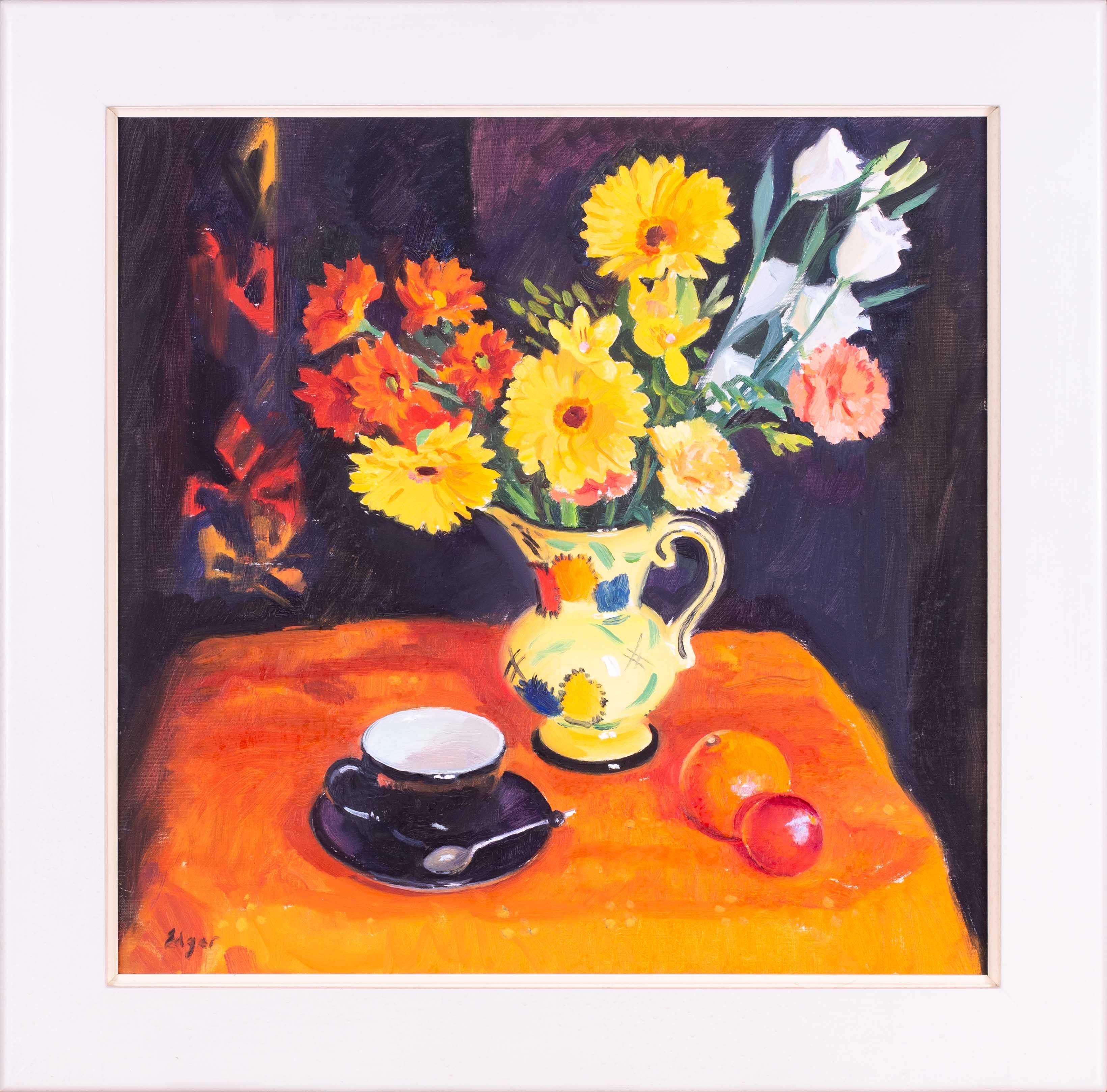 Norman B. Edgar Still-Life Painting - Modern British still life, orange, flowers in an art deco jug by Norman Edgar