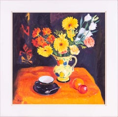 Modern British still life, orange, flowers in an art deco jug by Norman Edgar