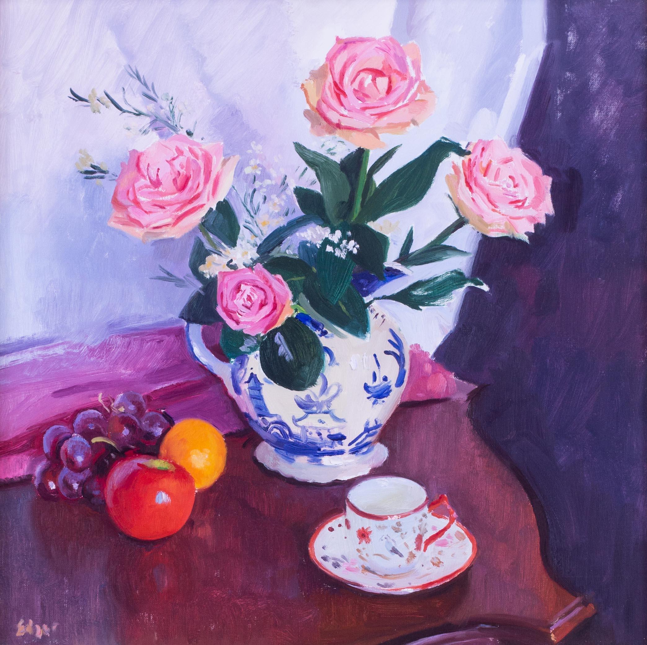 Modern British still life, pink roses, tea cup and fruit by Norman Edgar - Painting by Norman B. Edgar
