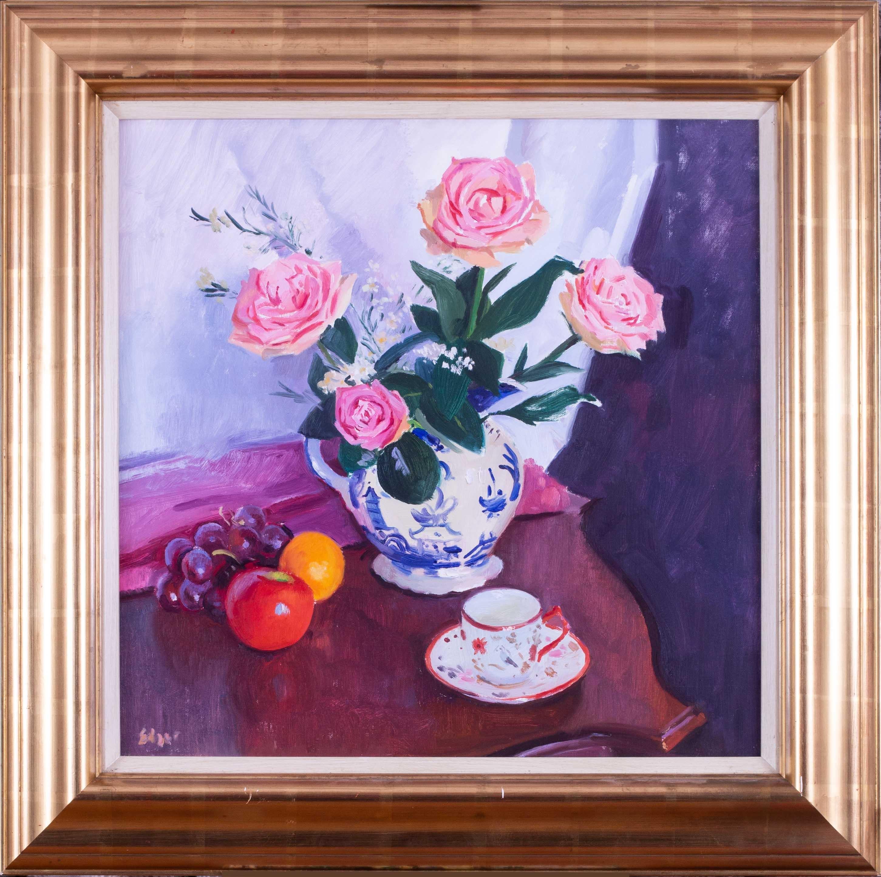 Norman B. Edgar Still-Life Painting - Modern British still life, pink roses, tea cup and fruit by Norman Edgar