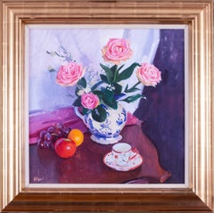 Modern British still life, pink roses, tea cup and fruit by Norman Edgar