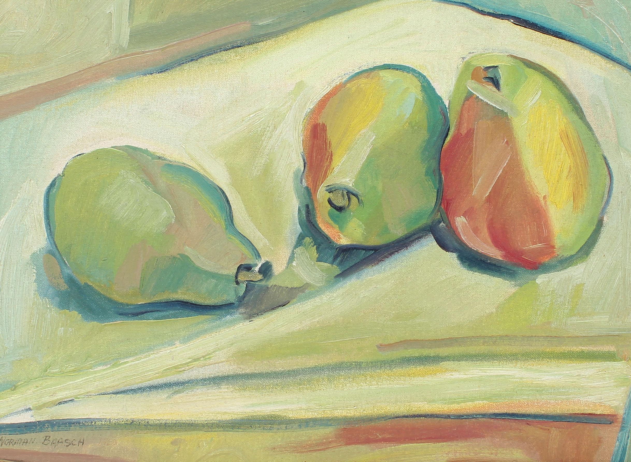 Antique American Modernist Cubist Fruit Still Life Signed Texas Oil Painting - Beige Abstract Painting by Norman Baasch