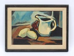 Antique American Modernist Fruit Still Life Cubist Signed Original Oil Painting