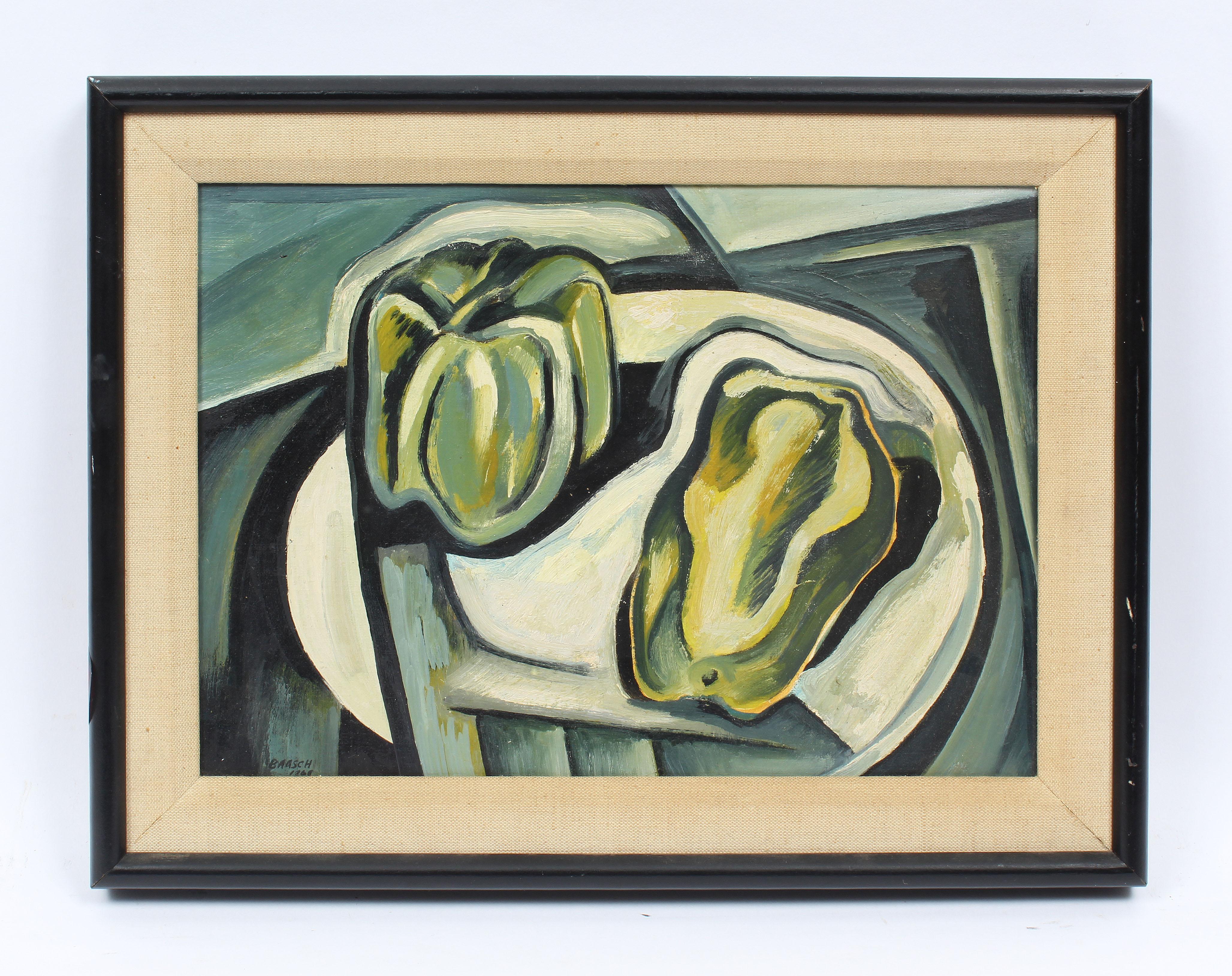 Antique American Modernist Pepper Still Life Cubist Signed Texas Oil Painting - Gray Abstract Painting by Norman Baasch