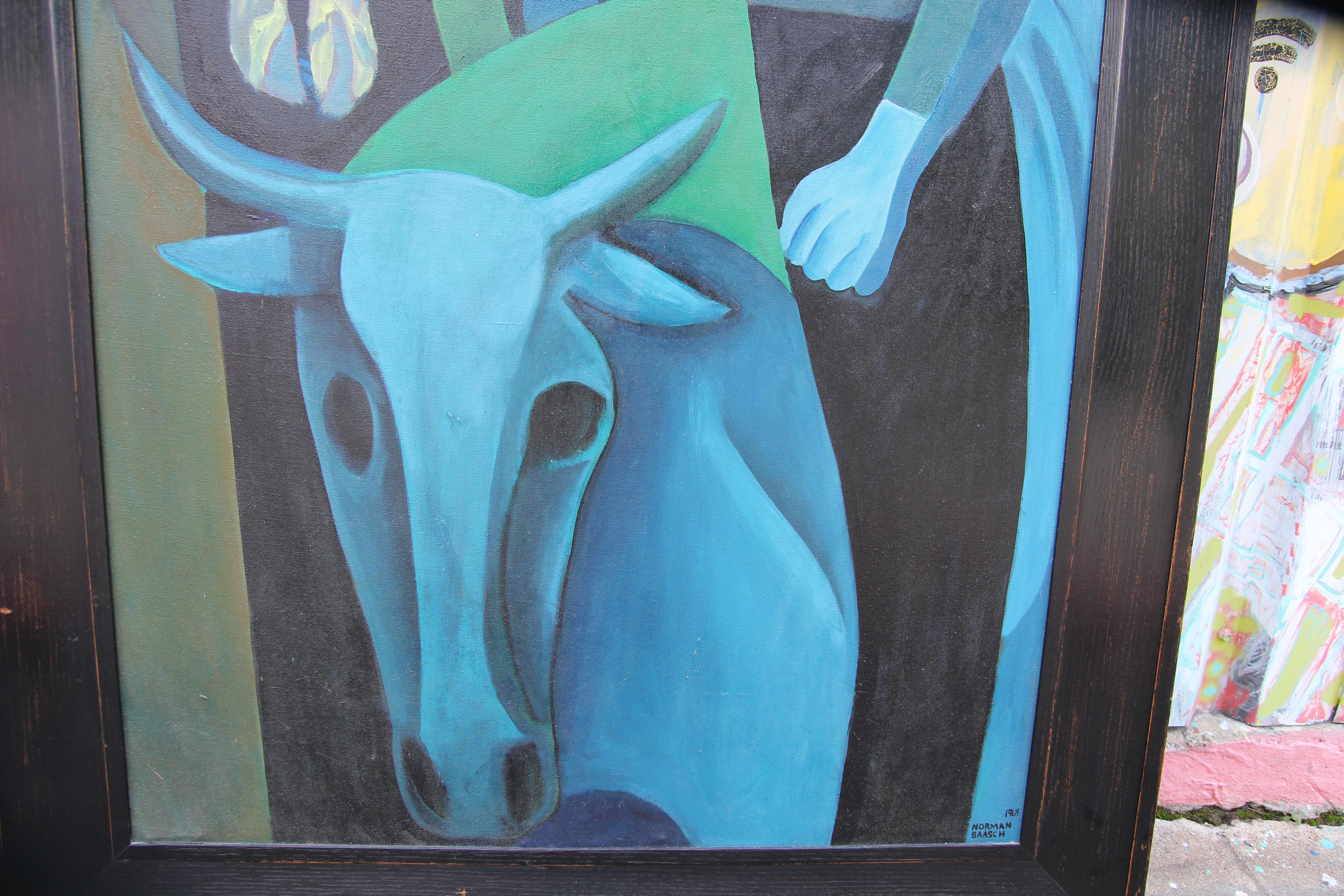 Large figurative abstract in a cubist style similar to that of Picasso's Blue Period paintings. The work is signed and dated by the artist in the bottom corner. The canvas is framed in a black frame.
Dimensions without Frame: H 66 in x W 36 in x D 1