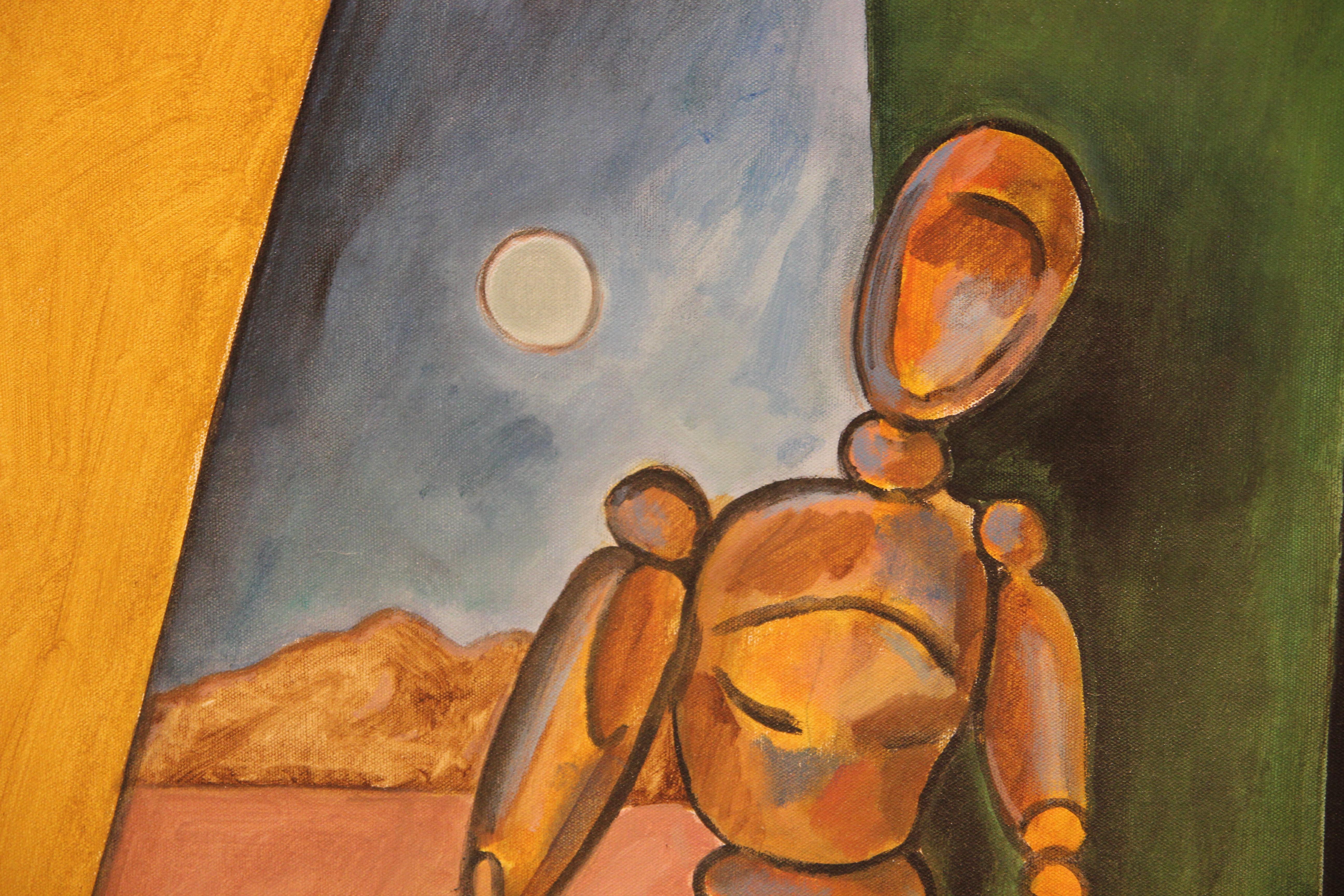 « Mannequin Meditating » - Grande peinture abstraite surréaliste - Surréalisme Painting par Norman Baasch