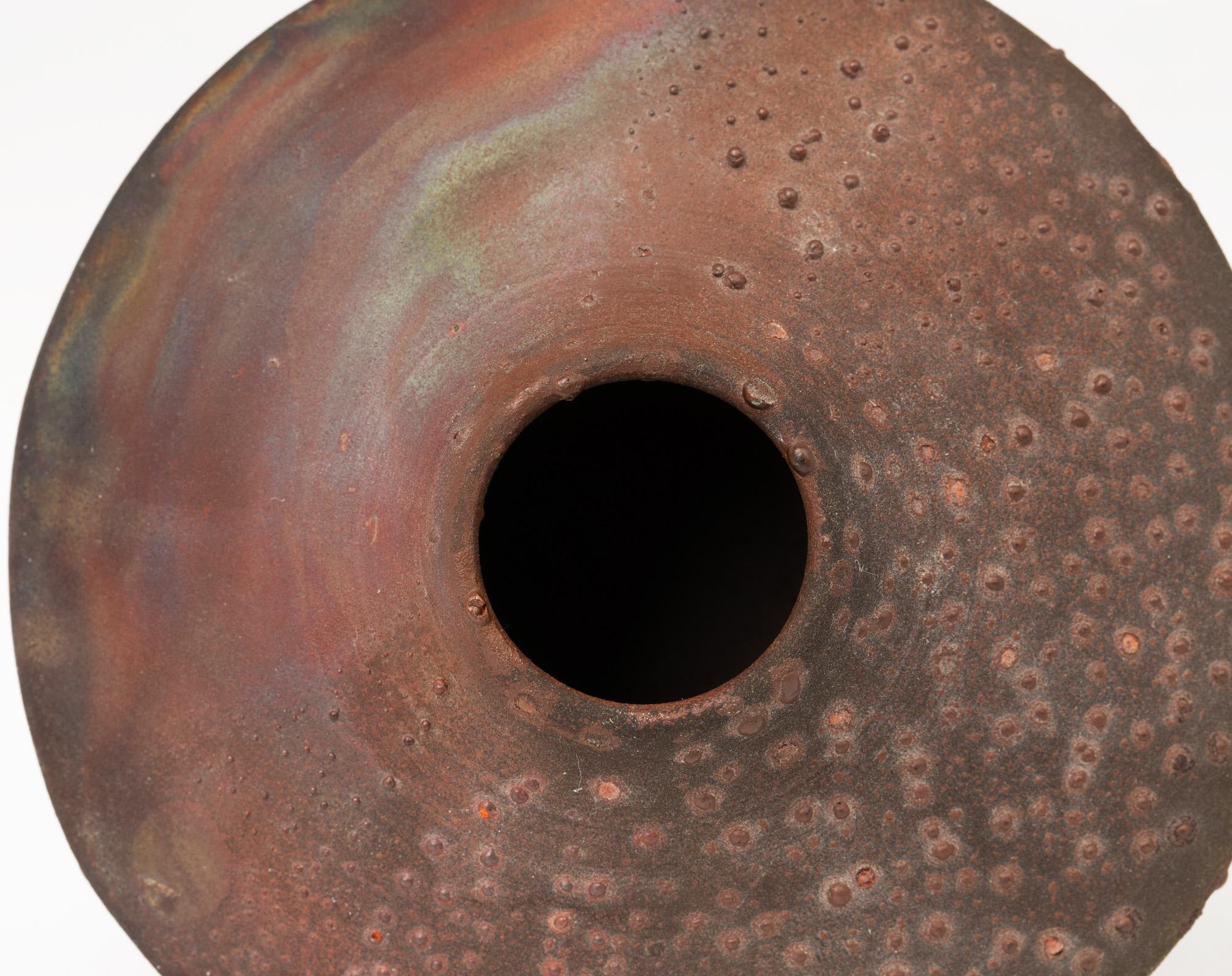 Modern Norman Bacon Raku Glazed Squat Form Studio Pottery Vase