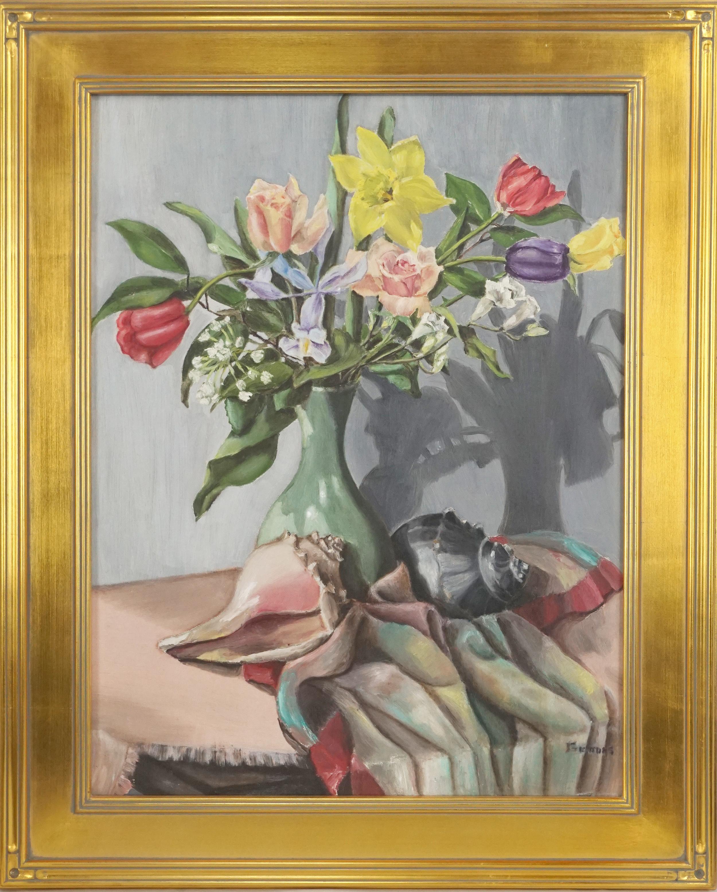 Norman Bel Geddes Old Hollywood Floral Still Life with Conch Shells 